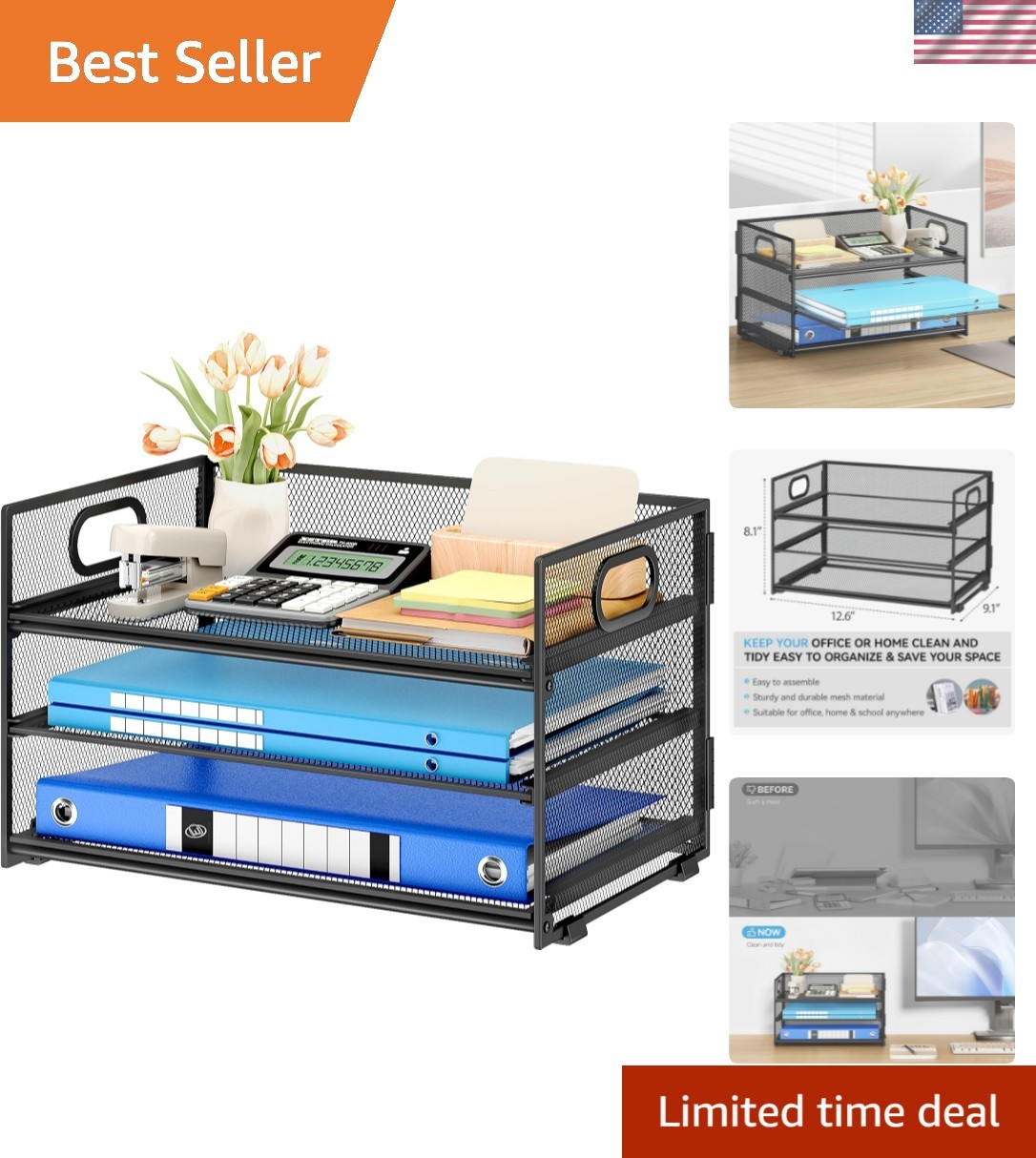 3 Tier Paper Letter Tray Organizer for Desk, Black Metal Mesh Desk File Folde…