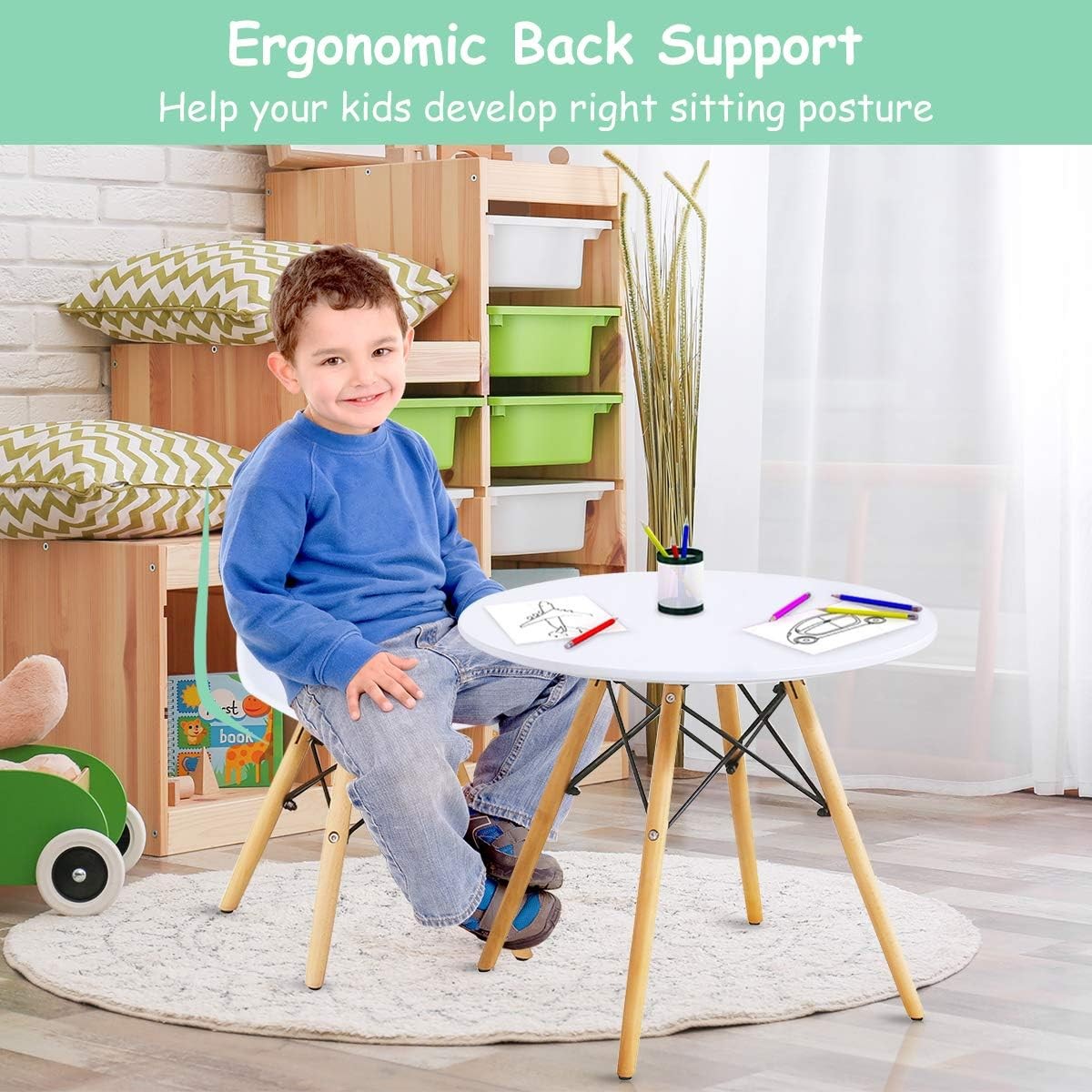 Kids Table and Chair Set, 5 PCS Mid- Modern Style Kids Desk