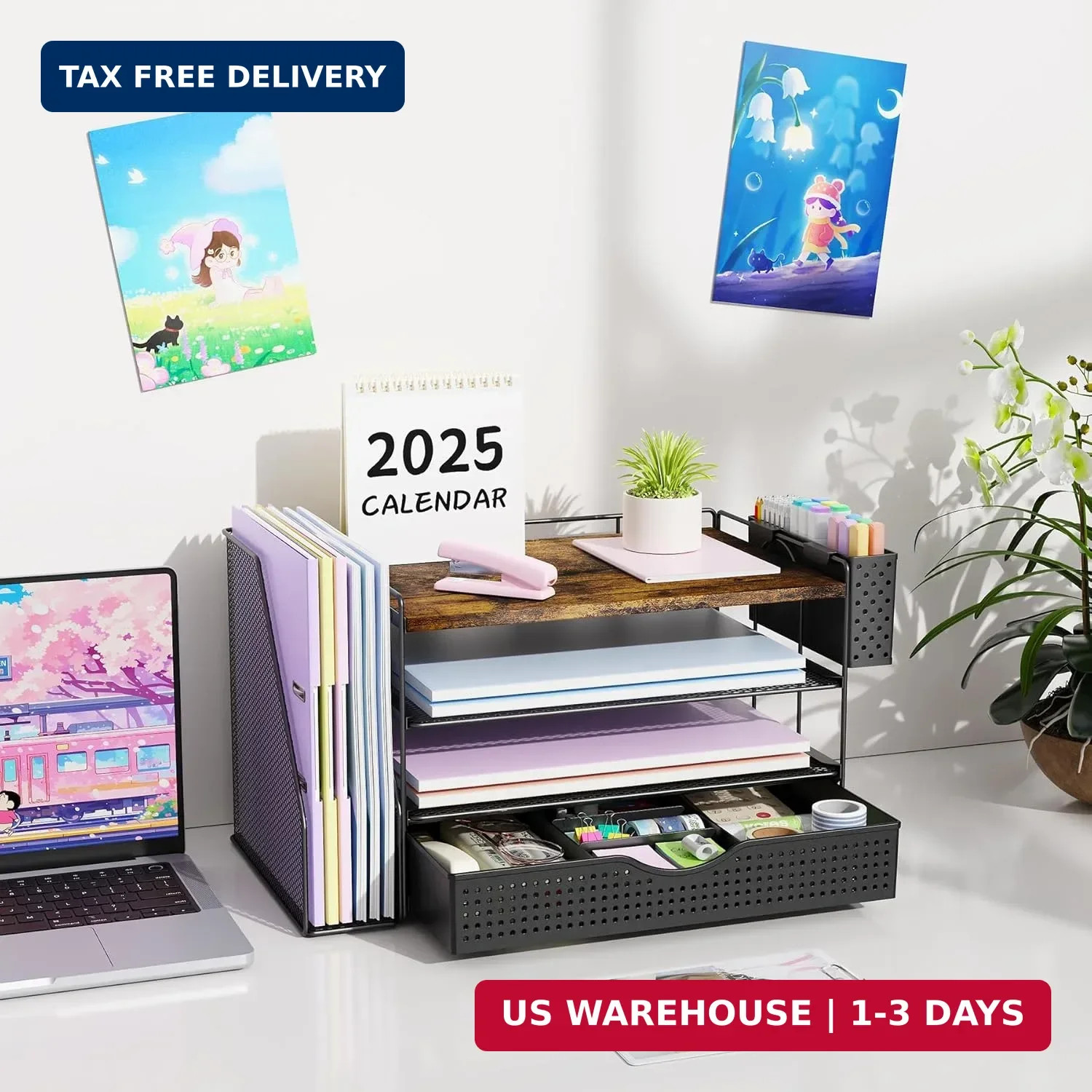 gianotter Wood Desk Organizers and Accessories with File Holder, 4-Tier Desk Acc