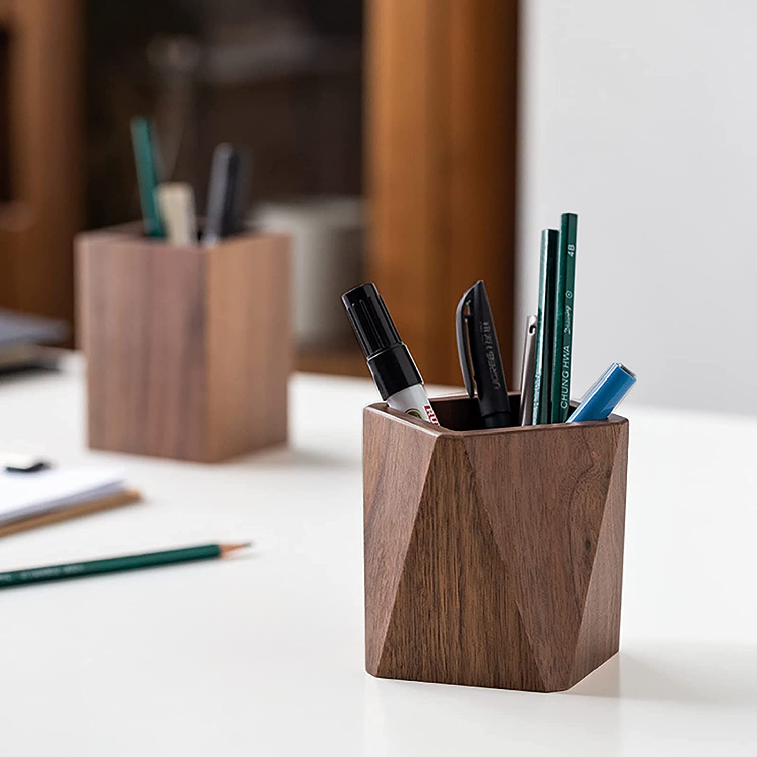 Black Walnut Wooden Pencil Box Desk Organizer Pen Holder Prismatic Shape