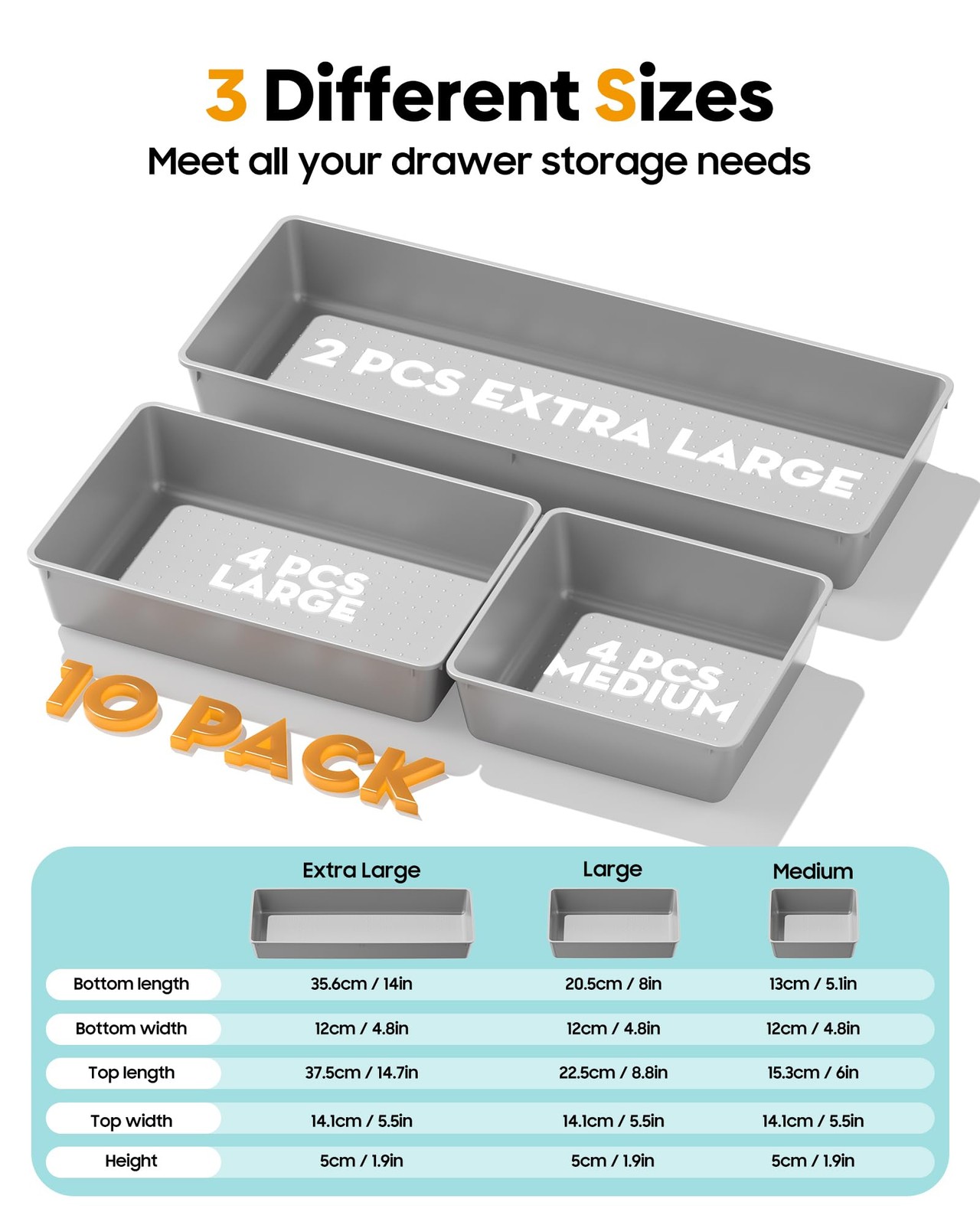 10 Pack Large Size Plastic Drawer Organizers Set, 3 Sizes Desk Drawer Organiz…