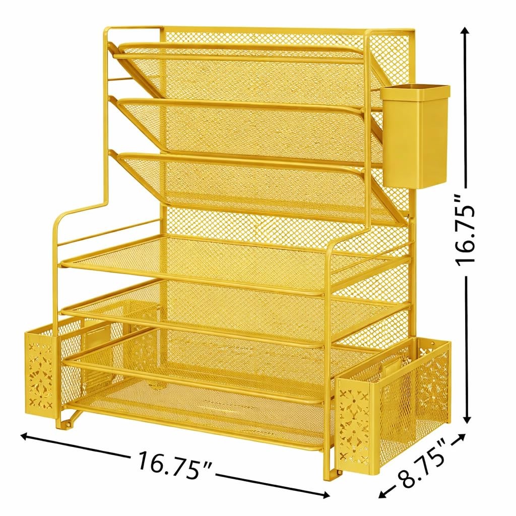 7 Tier Desk File Organizer, Gold Metal Mesh, 16.75″W x 8.75″D x 16.75″H – Space