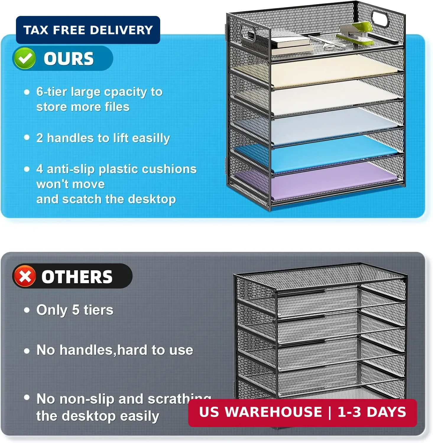 Marbrasse 6 Tier Paper Organizer Letter Tray – Mesh Desk File Organizer with Han