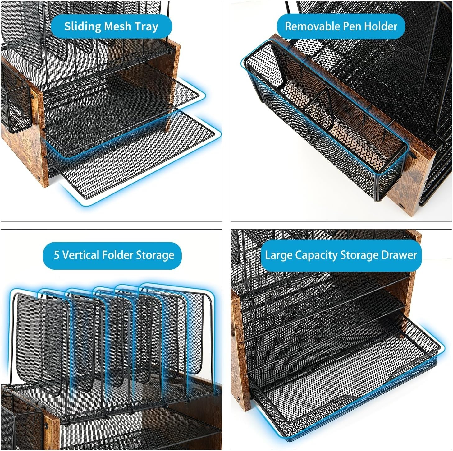 Desk Organizer, 4-Tier Desktop File Organizer with Drawer and 2 Pen Holders, …