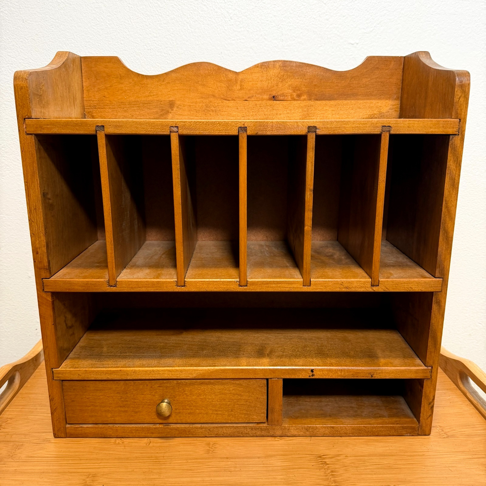 Vintage Wood Desk Organizer Mail Sorter Letter Holder Drawer Office Storage 15″
