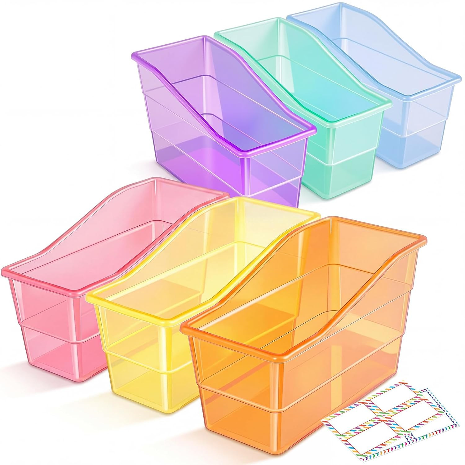 6 Set Book Bins for Classroom with Label Sticker Book Box Baskets Plastic Stacka