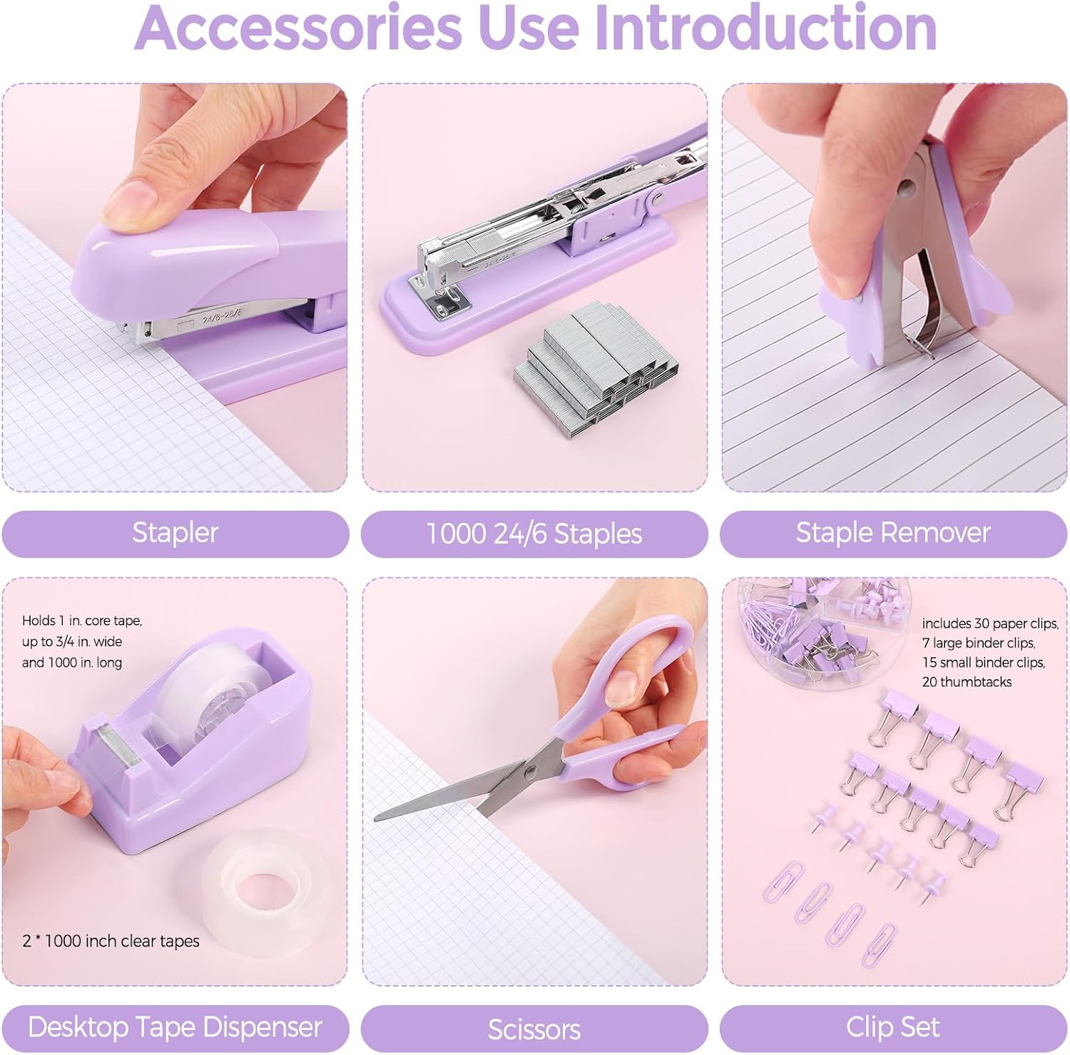 Purple Desk Accessories, Purple Office Supplies Set, Stapler, Tape Dispenser,…
