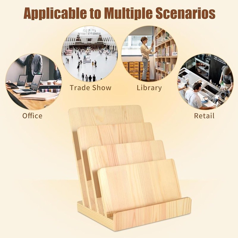 Pine Wood Brochure Holder 4-Tier Display Stand Desk Literature Organizer New