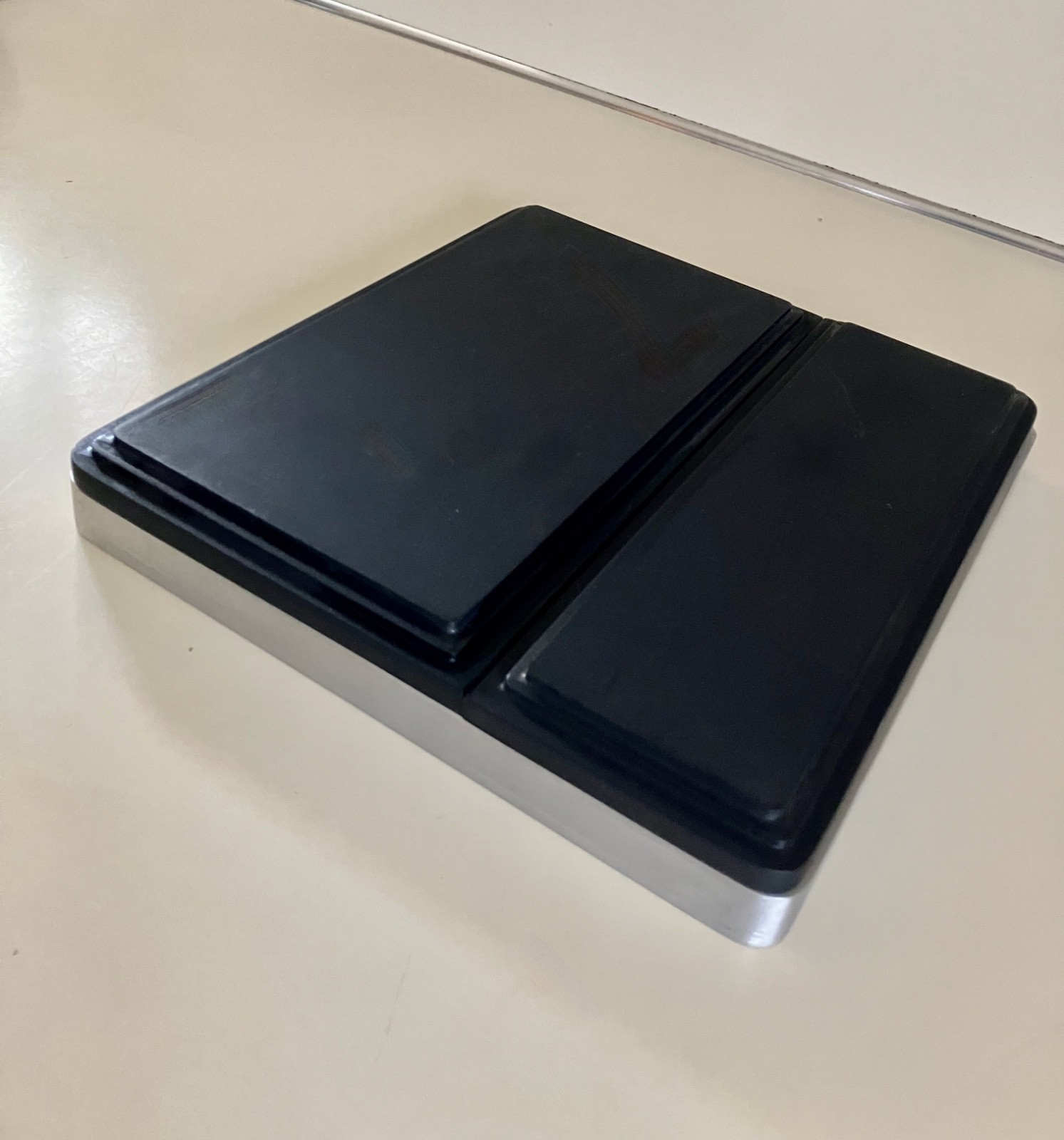 VINT MID CENTURY MODERN DESK ORGANIZER ALUMINUM & BLACK MELAMINE OLIVETTI STYLE