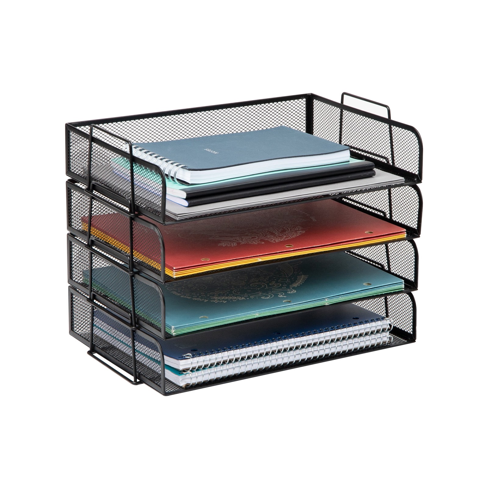 Mind Reader Stackable Paper Tray, Black, Metal Mesh, 4pc, Desktop Organizer