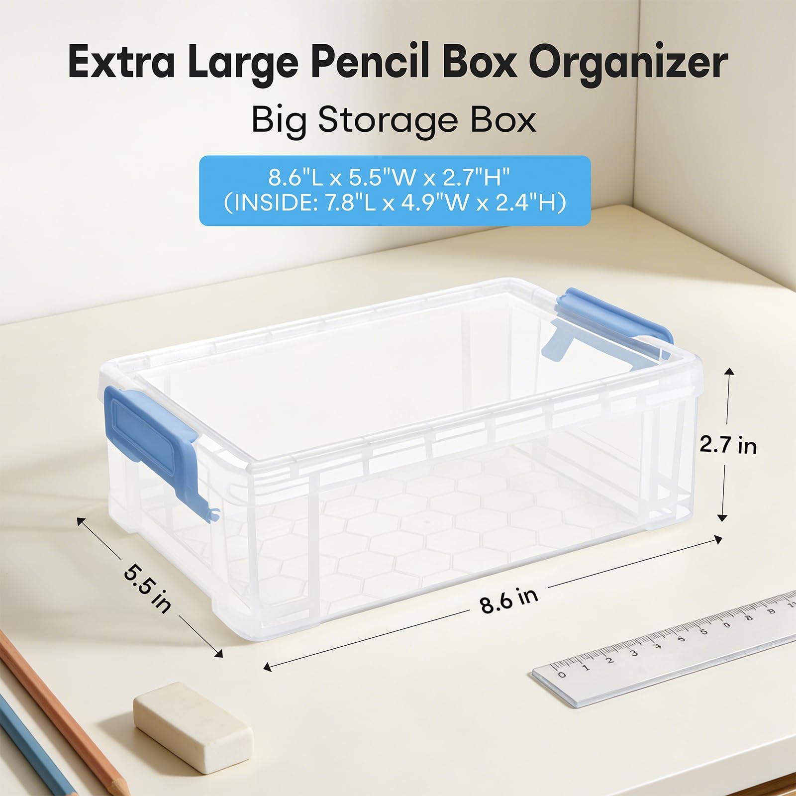 Extra Large Clear Pencil Box for Crayons, Markers, Art Supplies, Plastic Hard…