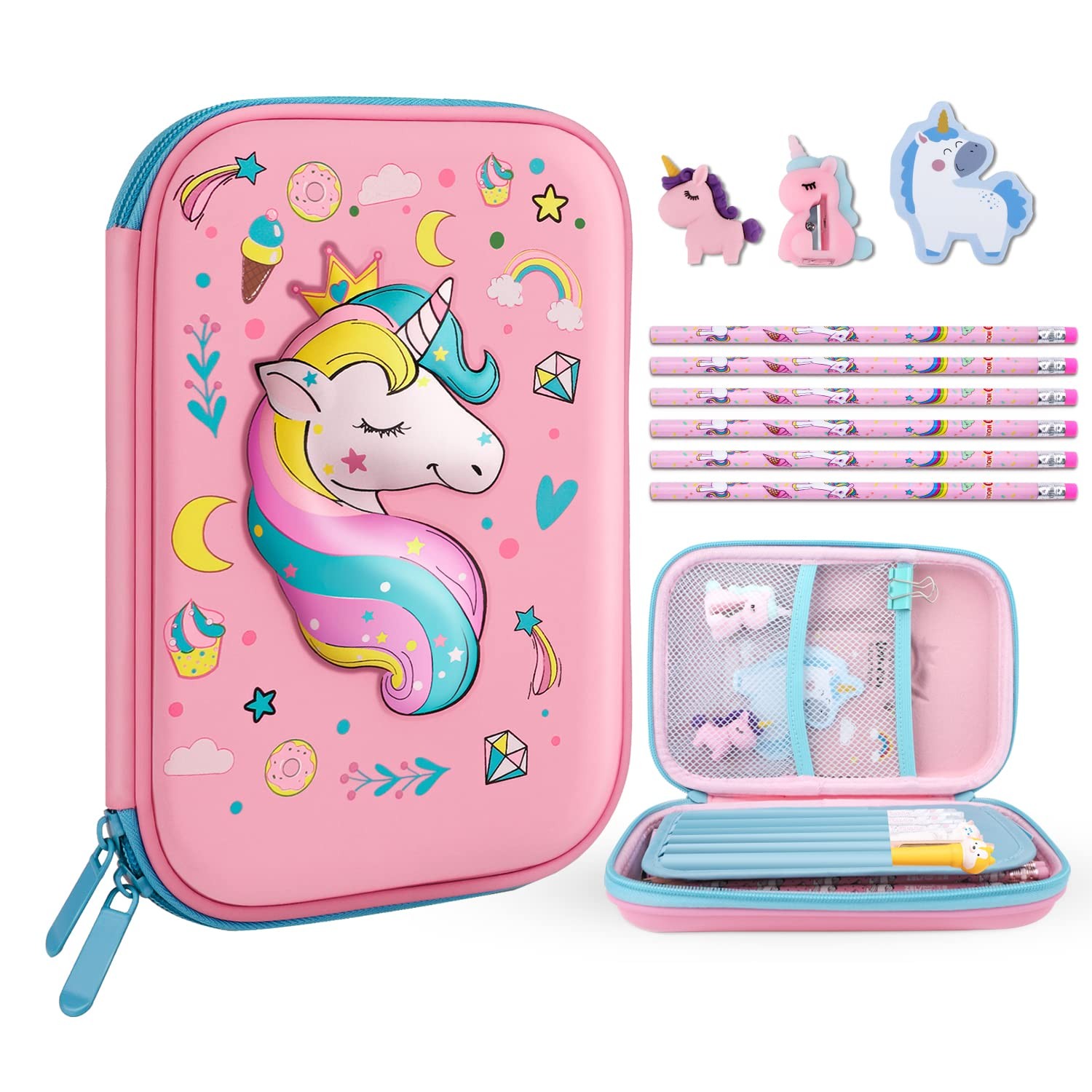 Pencil Case for Girls,Cute Unicorn Stationary Set for Kids,3D EVA School Larg…