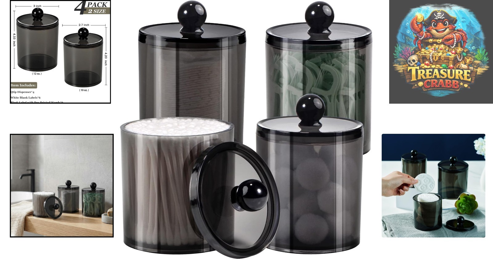 Mixed Sizes Acrylic Apothecary Jars – Elegant 4-Pack Bathroom Storage Solution