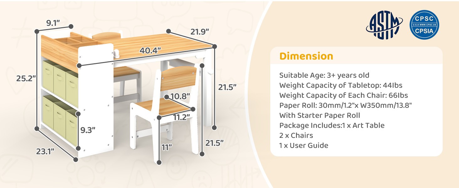 Kids Art Table and Chair Set, Craft and Play Wood Activity Table with