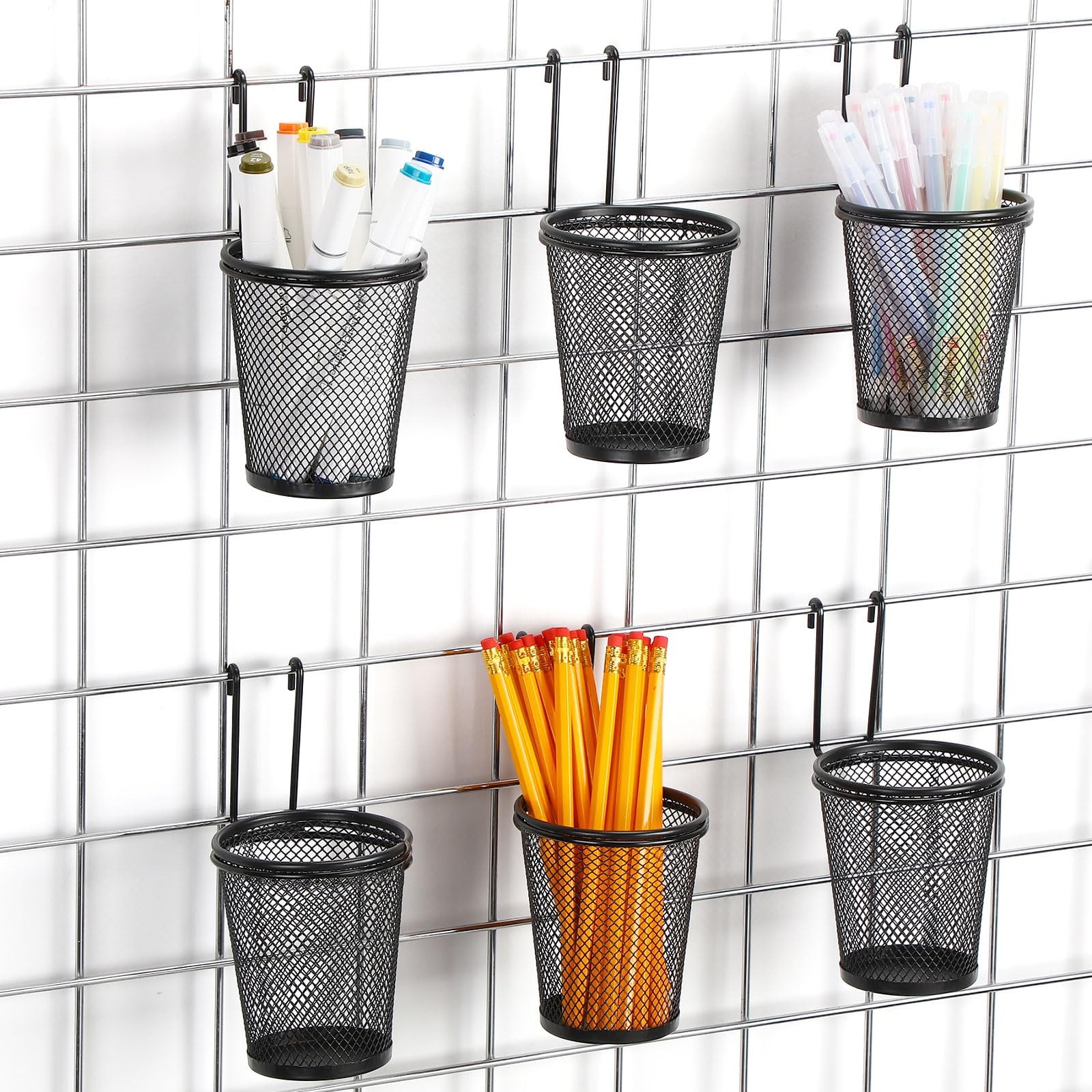 6 Sets Grid Wall Cups with Ring Hooks, hanging pencil holder Wall Mount Wire …