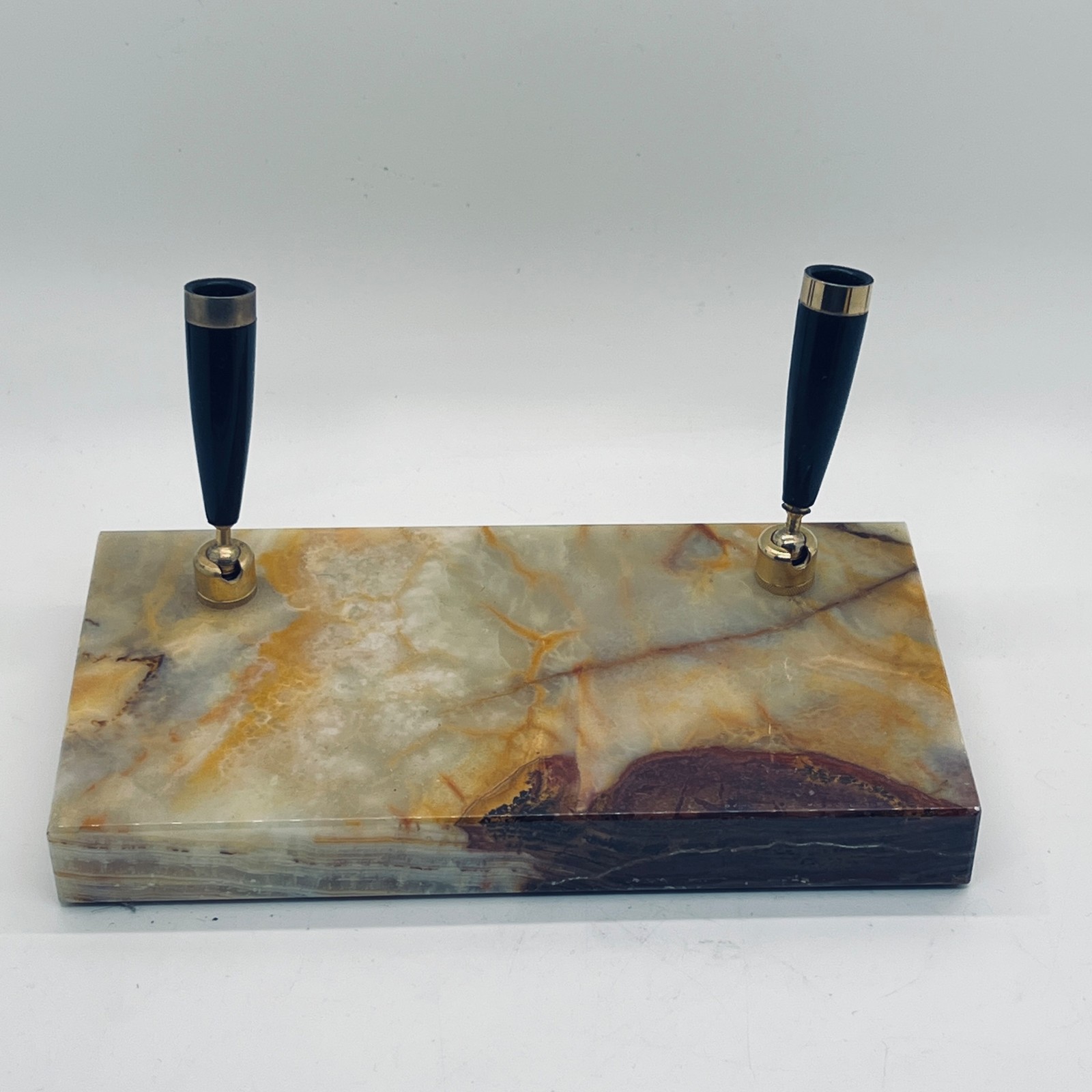 Onyx Double Pen Holder Stand Holder Brass Accents Office Desk Accessory