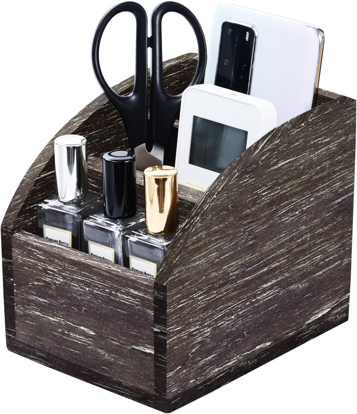 Rustic Brown Wooden Desk Organizer Farmhouse Wood Remote Control Caddy, Vintage