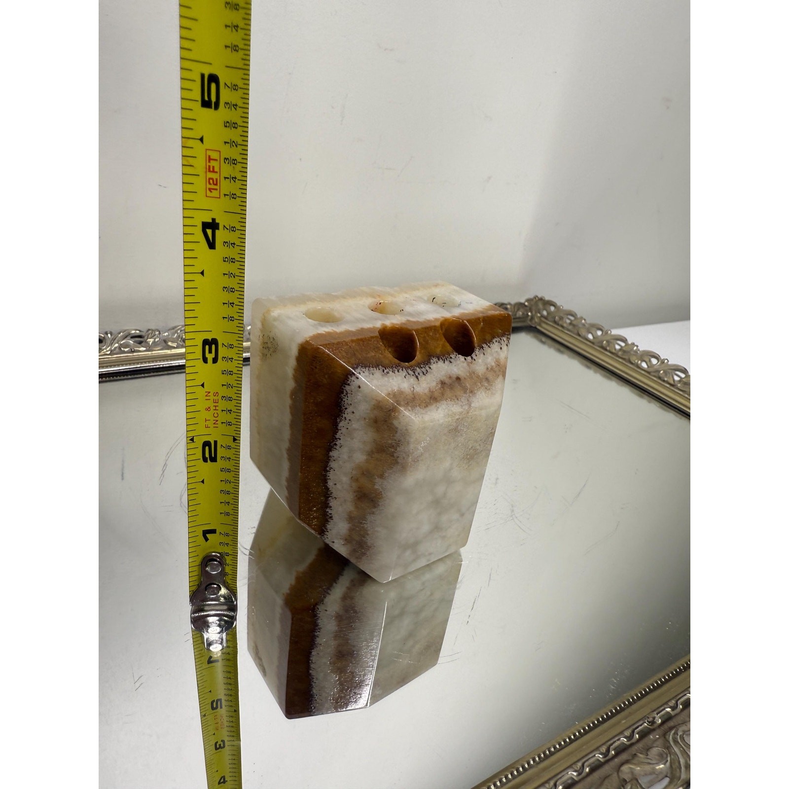 Vintage Agate Marble Onyx Stone Pen Pencil Holder Desk Paperweight