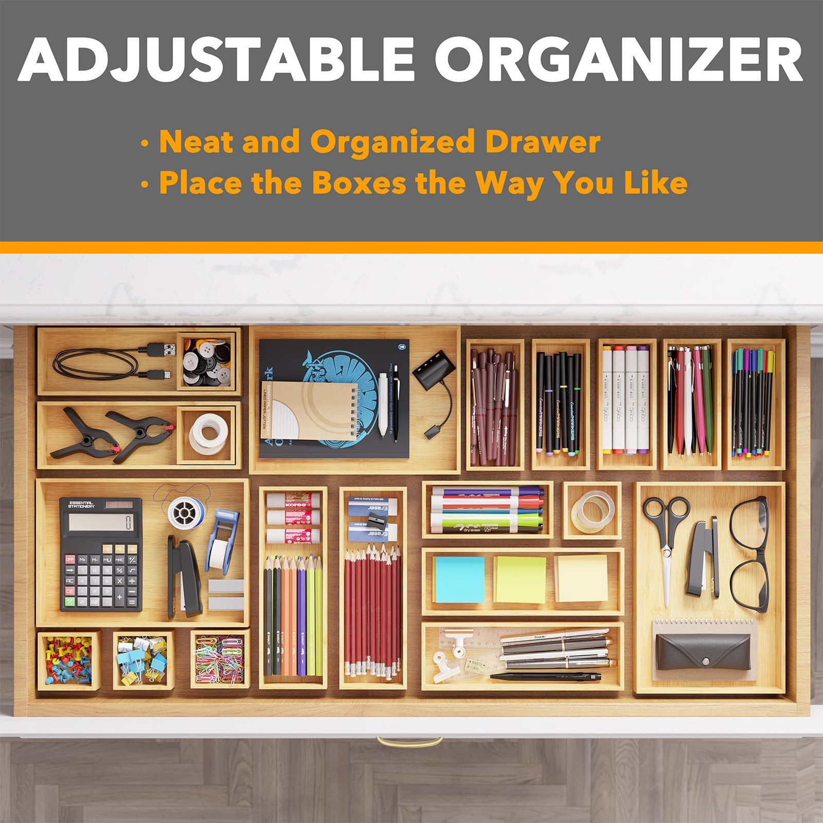 SpaceAid 21-Piece Bamboo Drawer Organizer Storage Boxes 21-Piece, Natural