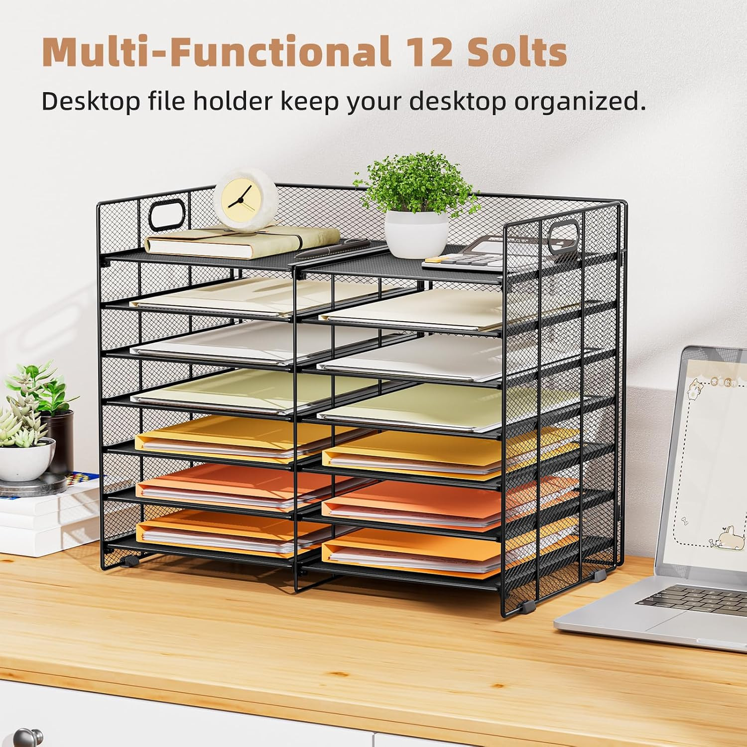 12 Slots Desktop Literature Organizer, 7-Tier Mesh Paper Organizer for Desk, Adj
