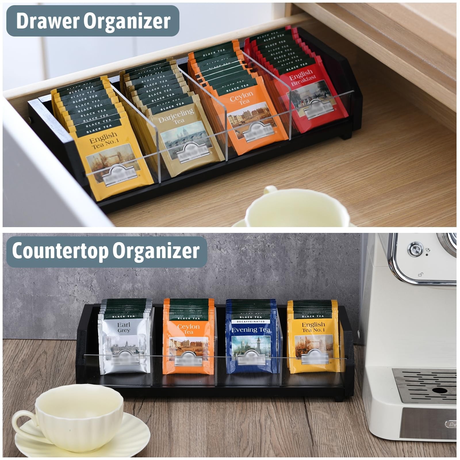 Tea Bag Holder Organizer Box with 4 Compartments, Pine Wood and Black