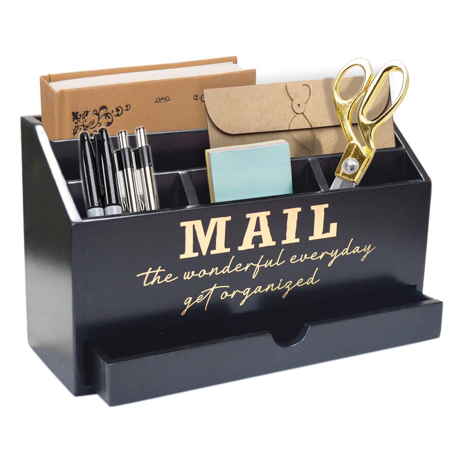 Wooden Black Rustic Countertop Mail Storage Organizer Drawer Compartment Desk