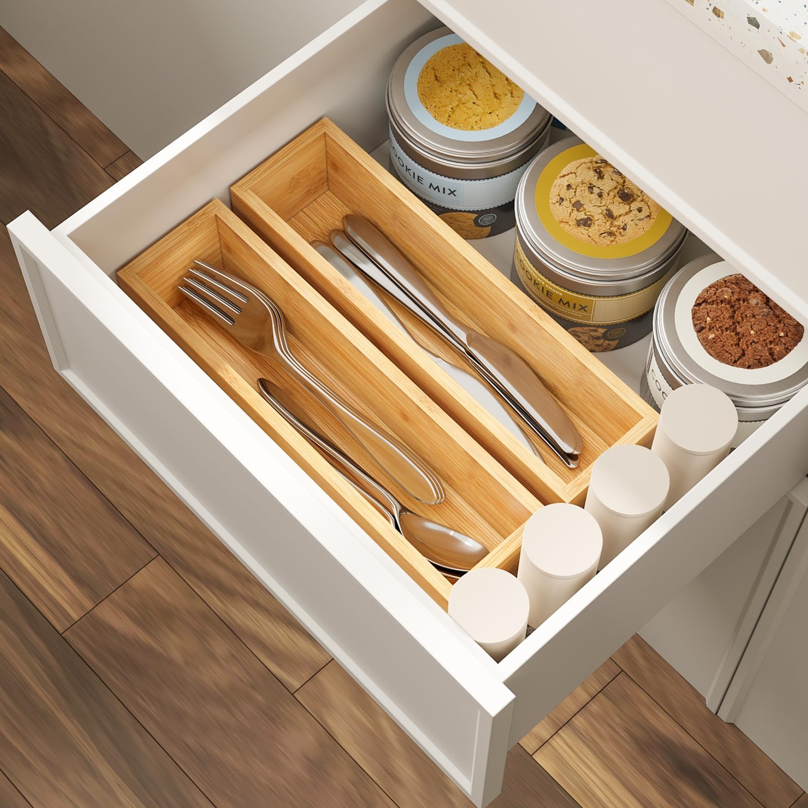 BAMEOS Kitchen Drawer Organizer,Small Silverware 2 Boxes 11×3″, Natural