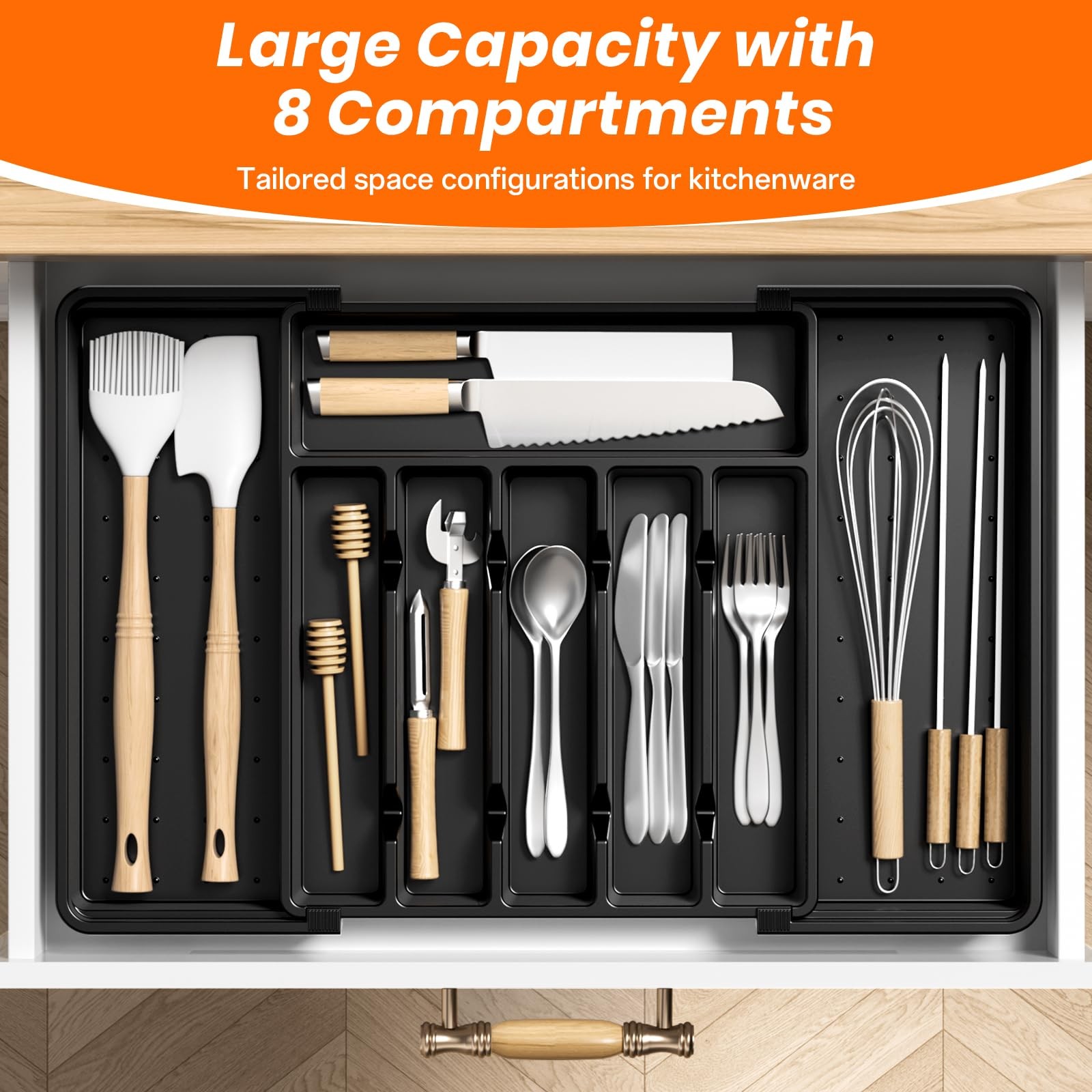 RoomHacks Large Silverware Organizer,Expandable Utensil Drawer Black