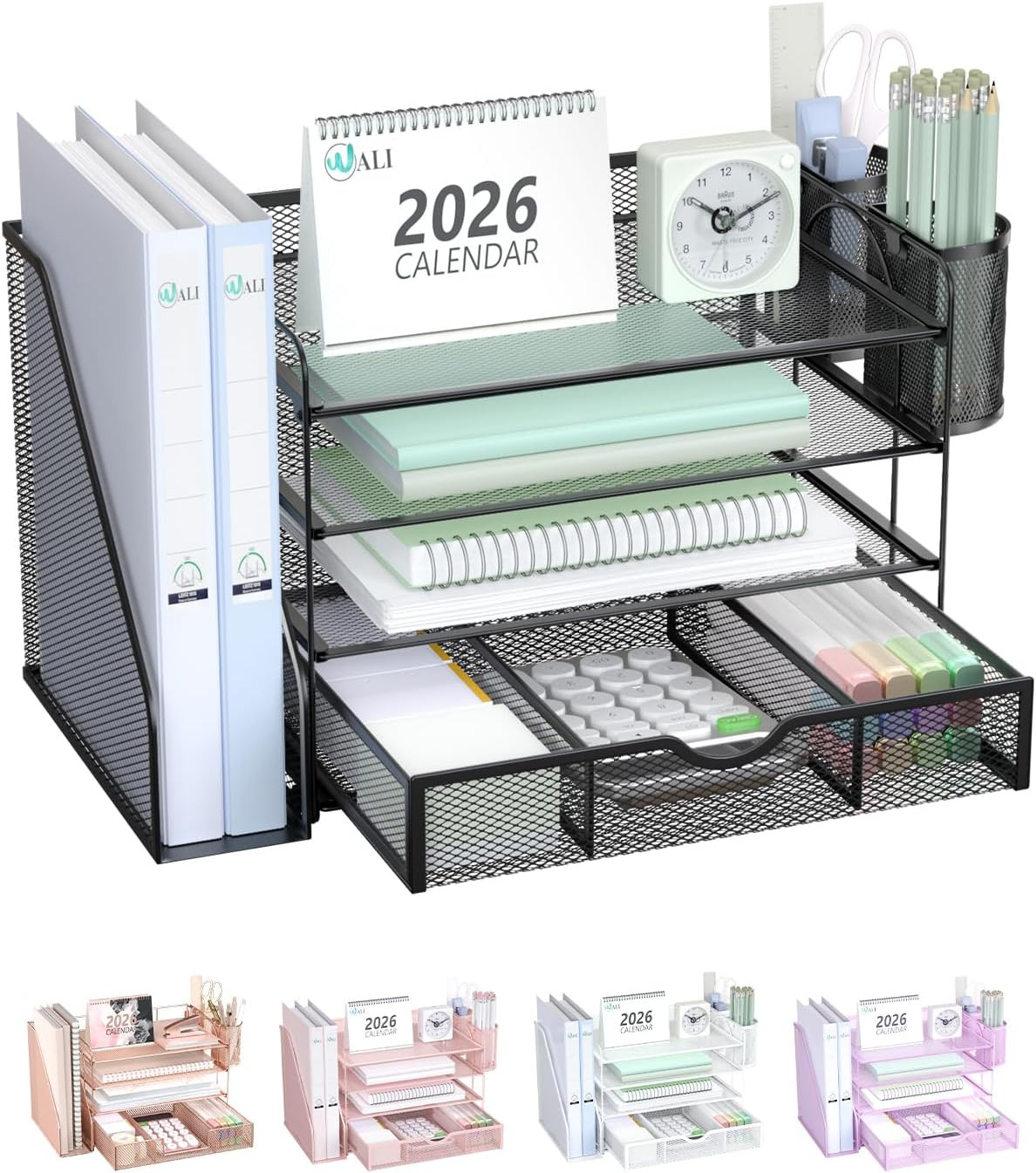 WALI Desk File Organizer, 4 Tier Desktop Paper Letter Tray Organizer with Drawer