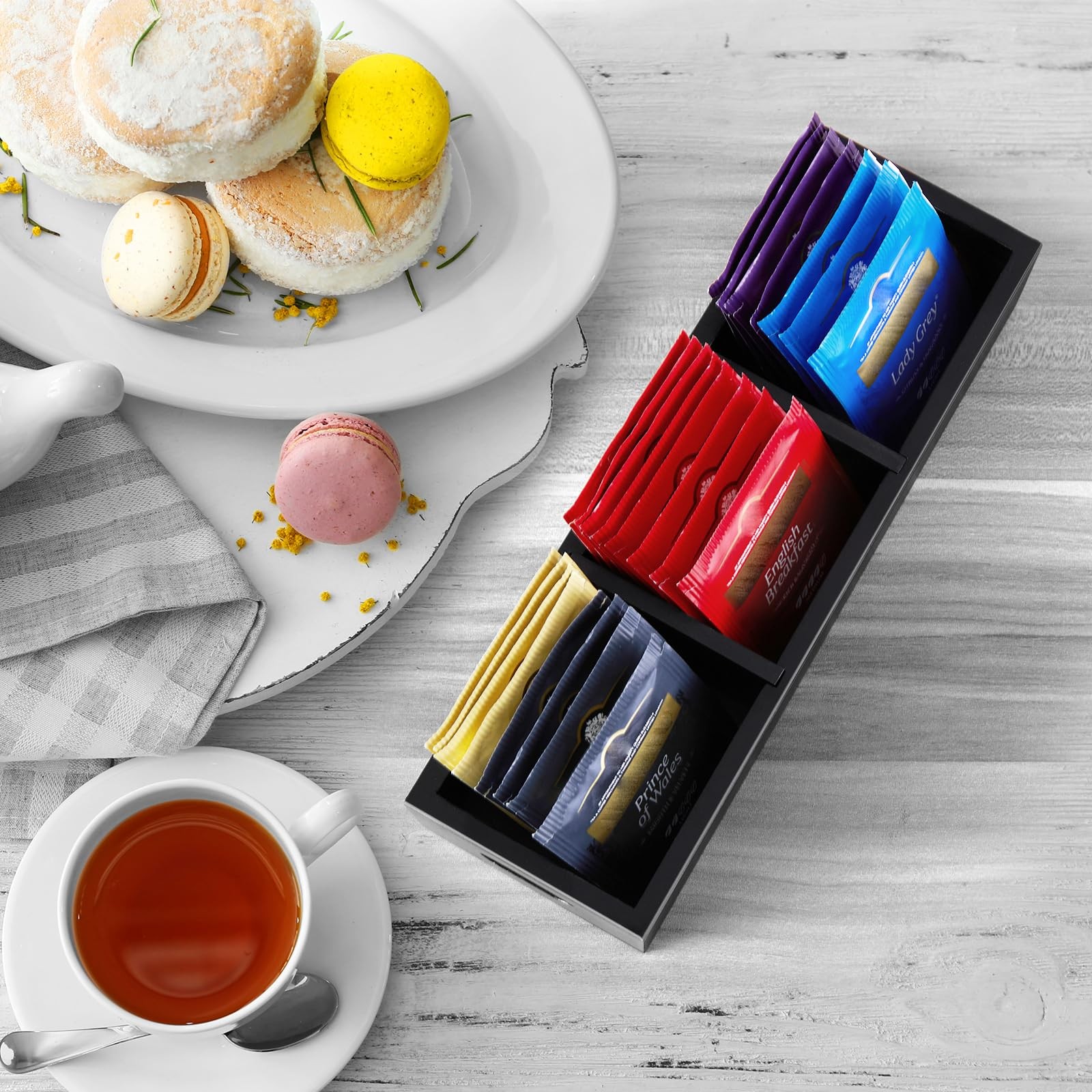DRASTAR Tea Bag Organizer, Black Wooden Holder, 3 Slots,