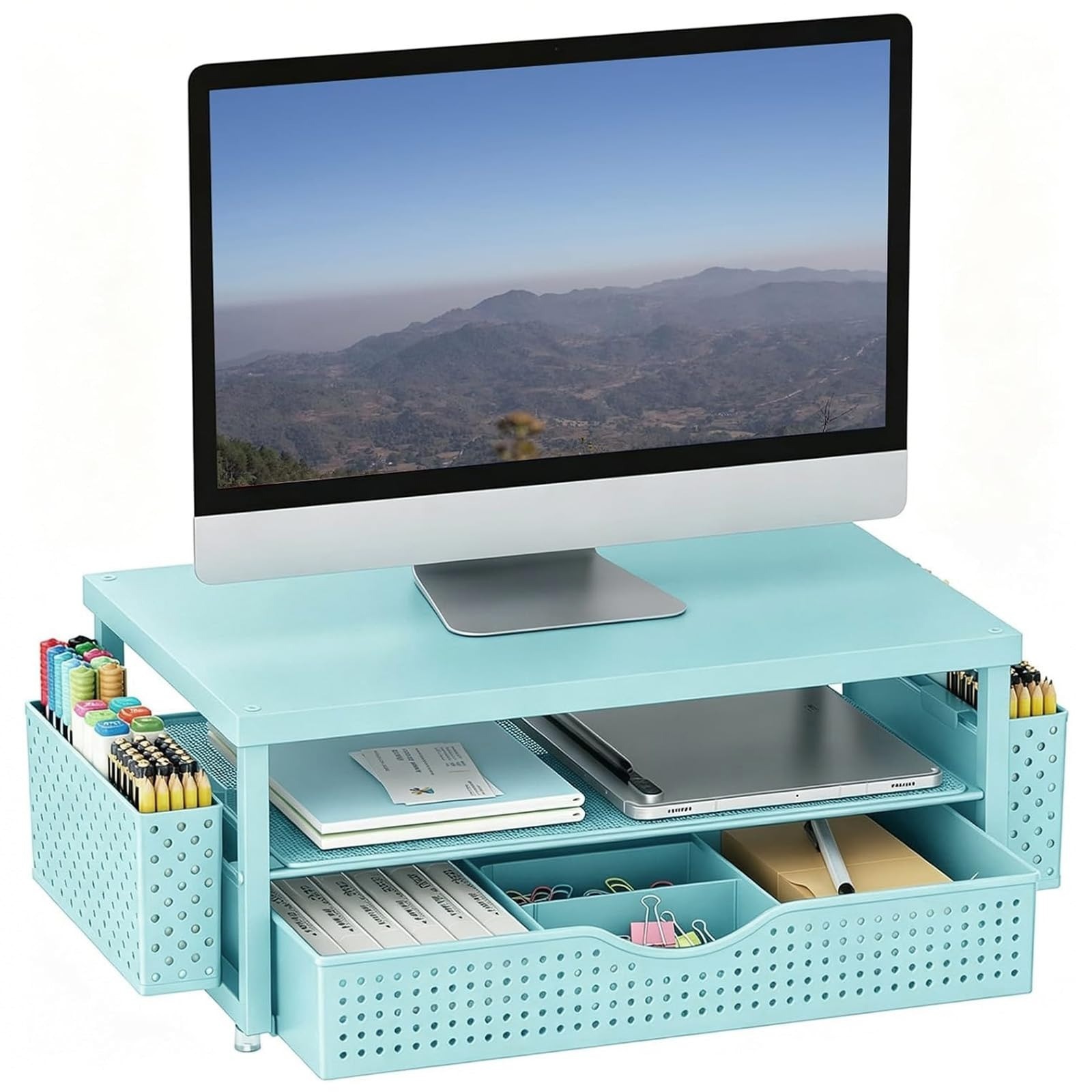 gianotter Desk Organizer with Drawer & Pen Holders – Black Monitor Stand