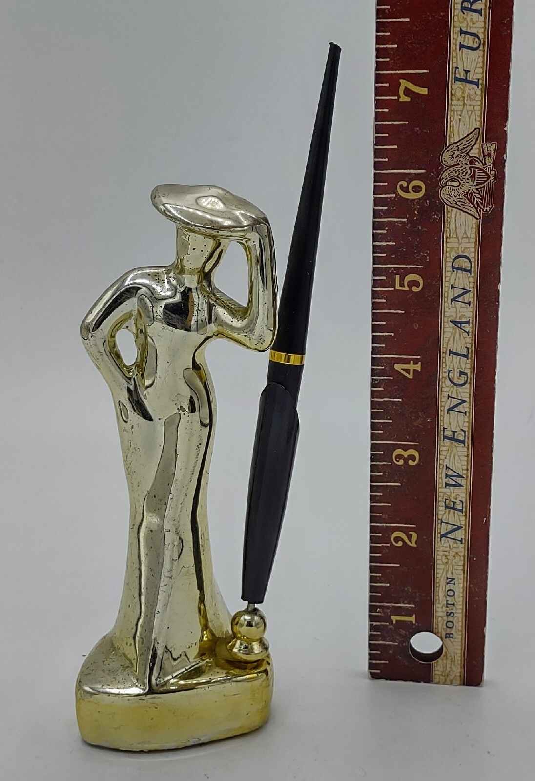 Vtg Art Deco Gold Ceramic Lady Pen Holder W/Fountain Pen 8″