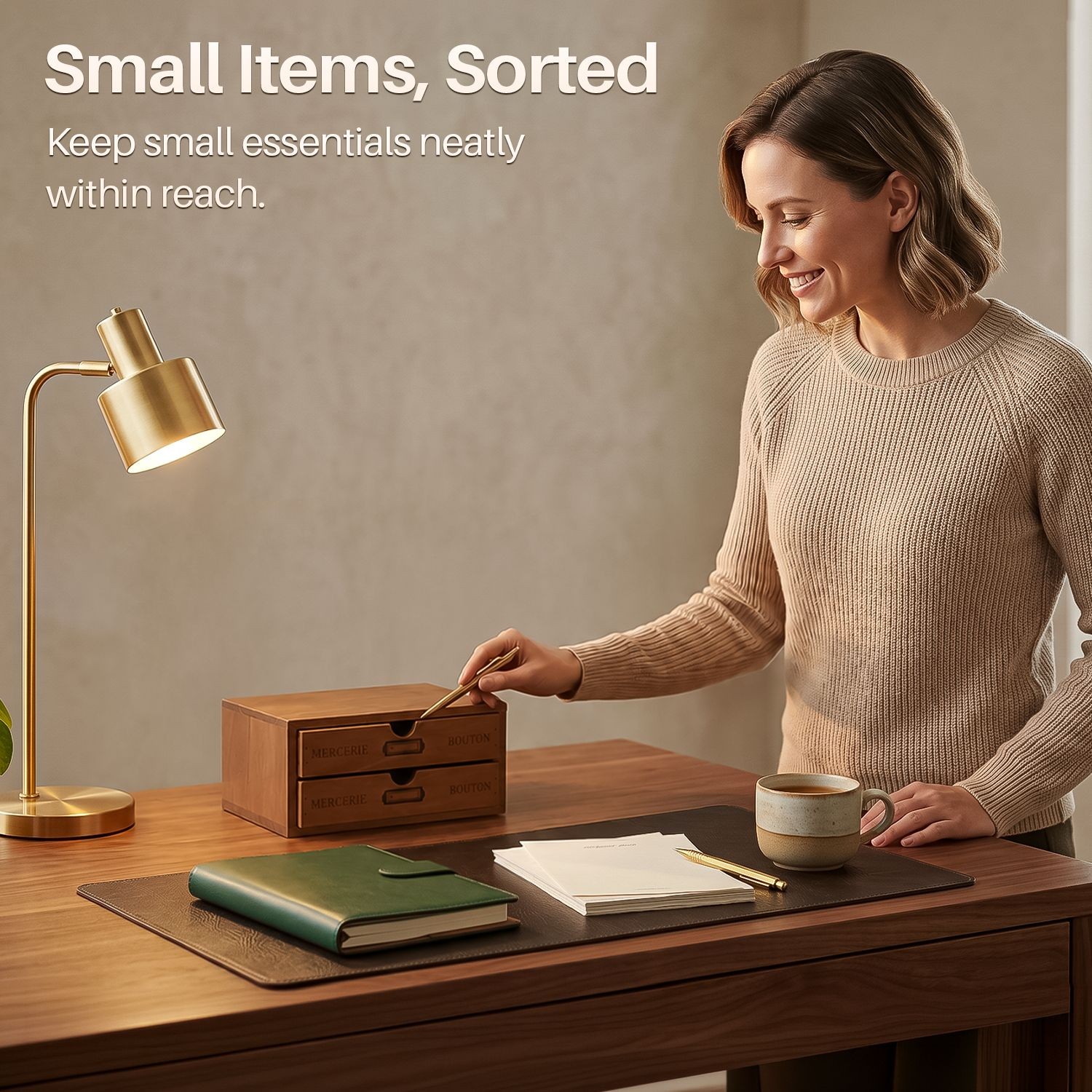 2-Tier Wooden Desktop Office Supplies Organizer Cabinet w/ 2 Storage Drawers Set