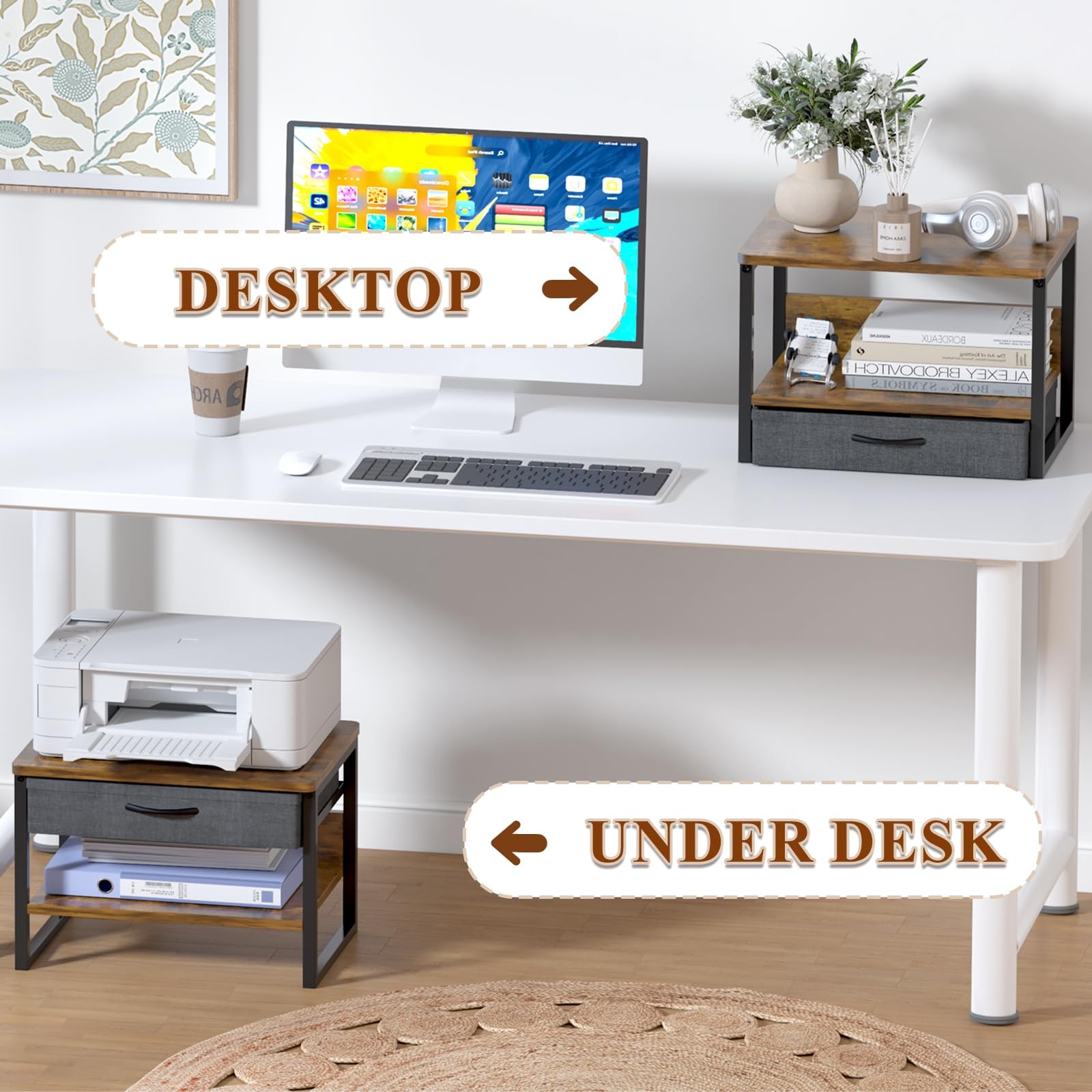 MARTY Printer Stand with Storage Drawer for 2 Tier Drawer, Rustic Brown