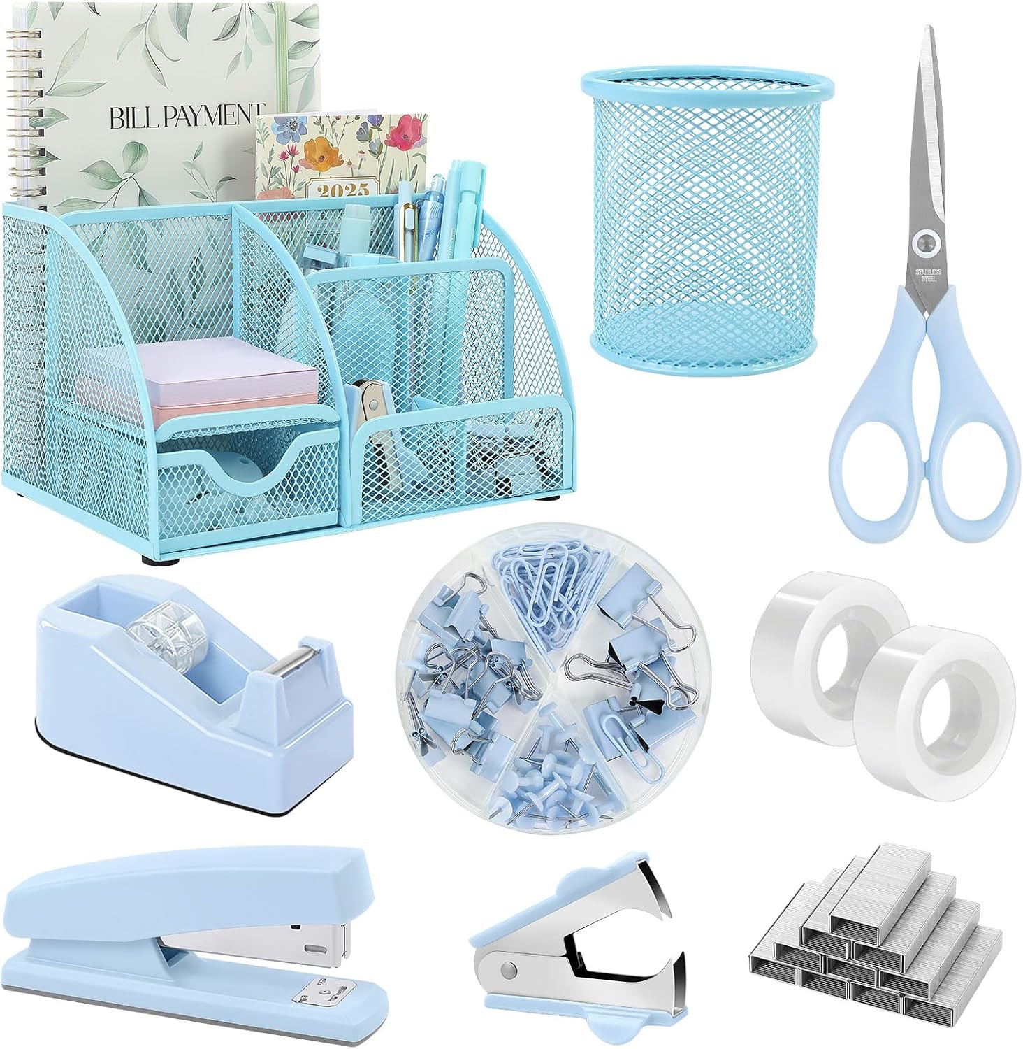 Blue Office Supplies Set, Office Desk Accessories, Mesh Desk Organizer, Stapler,