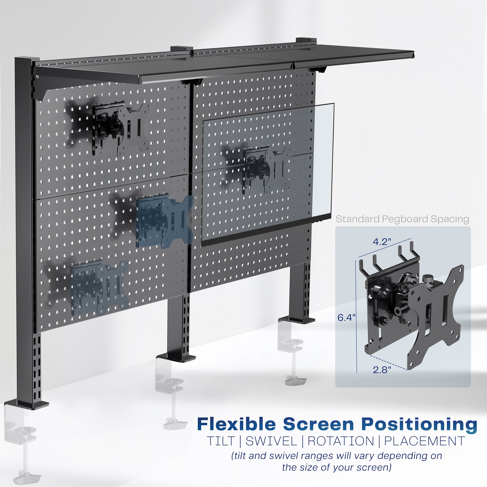 VIVO Black Steel Clamp-on 47″ Pegboard with Monitor Mounts & Overhead Shelf