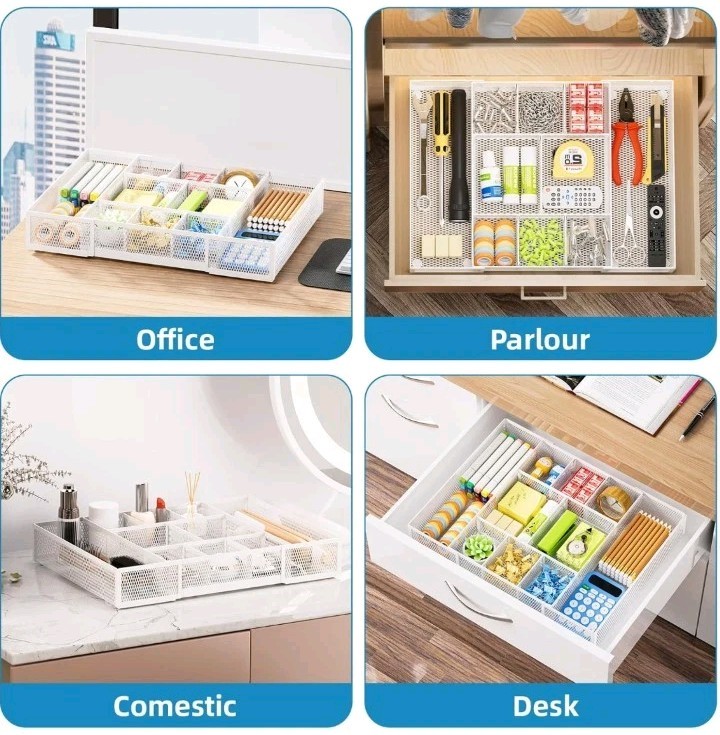 Expandable Desk Drawer Organizer Tray Mesh With 10 Adjustable Compartments White