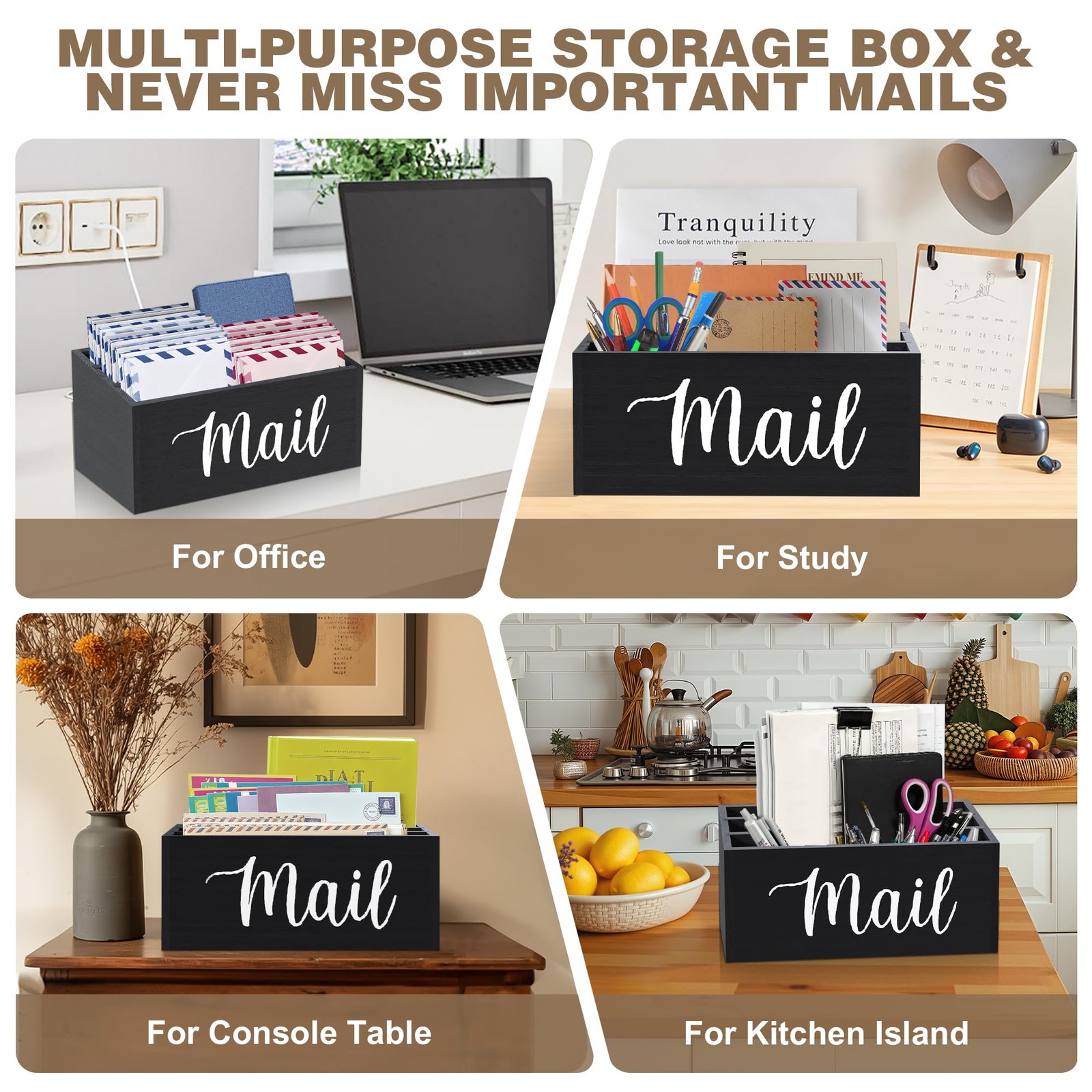 Mail Holder Countertop 3Slot Organizer Removable Divider Desktop Basket Black