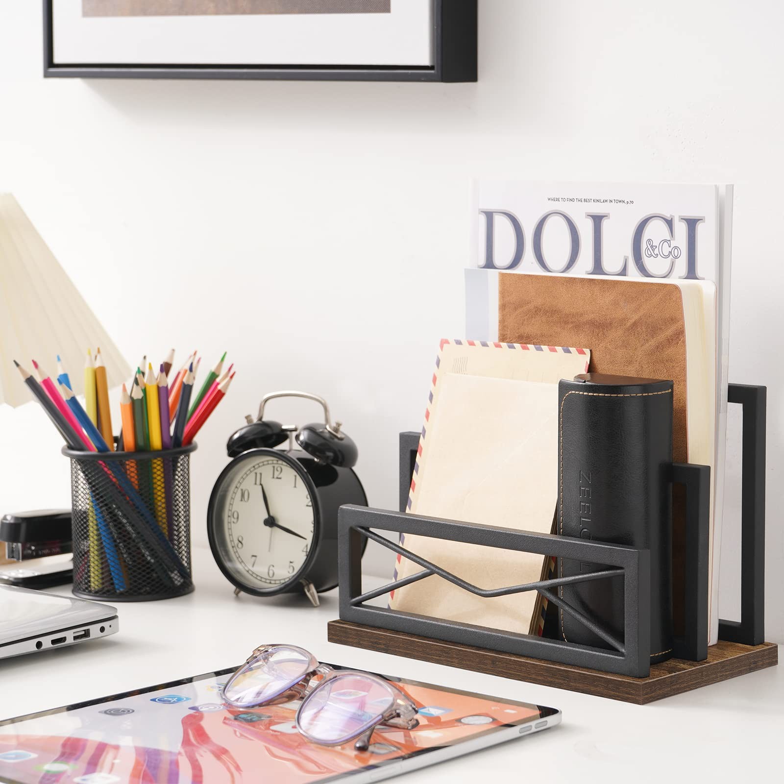 Desktop Mail Organizer 2Slot Matte Black Metal Mail Sorter Storage Rustic Brown