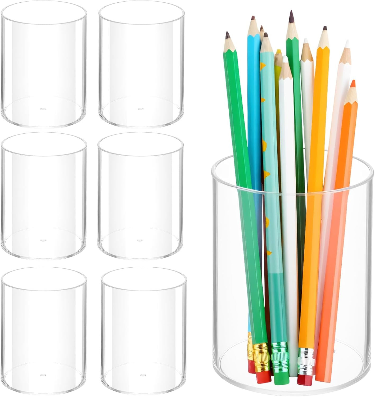 6 Pack Clear Plastic Pen Holder Cylinder Container, round Pencil Holder for Desk