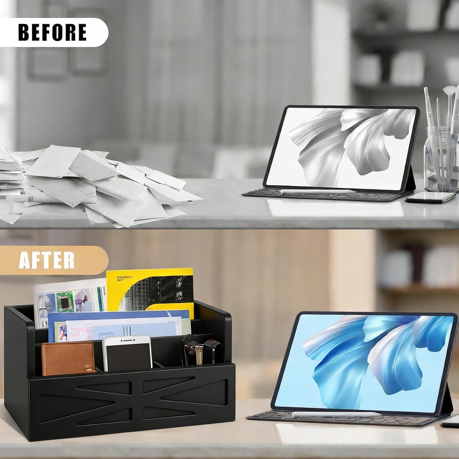 Black Wood Mail Organizer Countertop Sorter For Desk Rustic Bill Storage