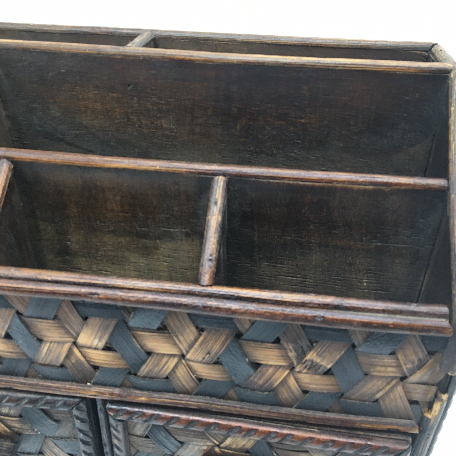 Vtg Wood + Woven Bamboo Desk Organizer Divider 2 Drawers Letter Holder Utensils