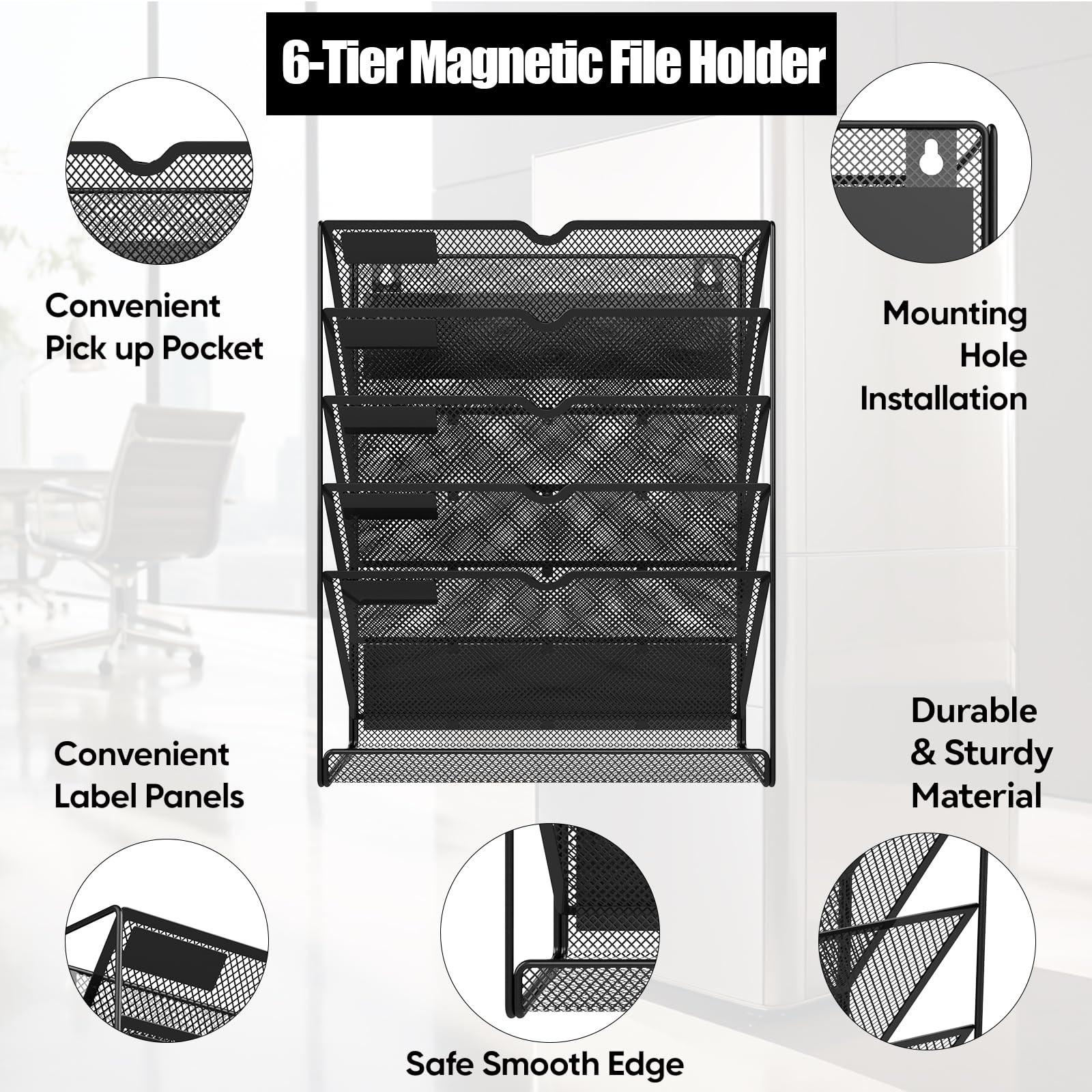 LQPAFZ 6-Tier Magnetic File Holder, No 12.6 x 4.2 x 15.9 inches, Black