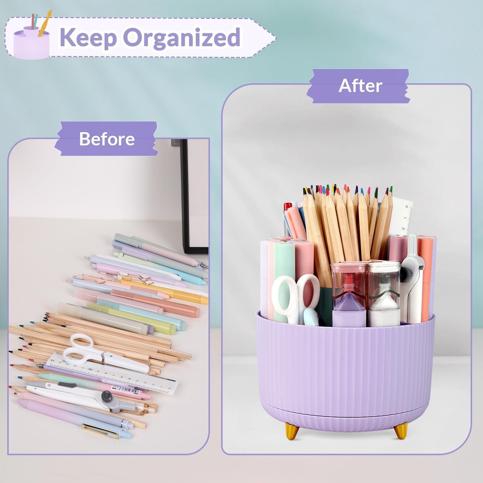 360 Rotating Purple Pen & Art Supply Organizer – 5 Slot Desk Organizer for Of…