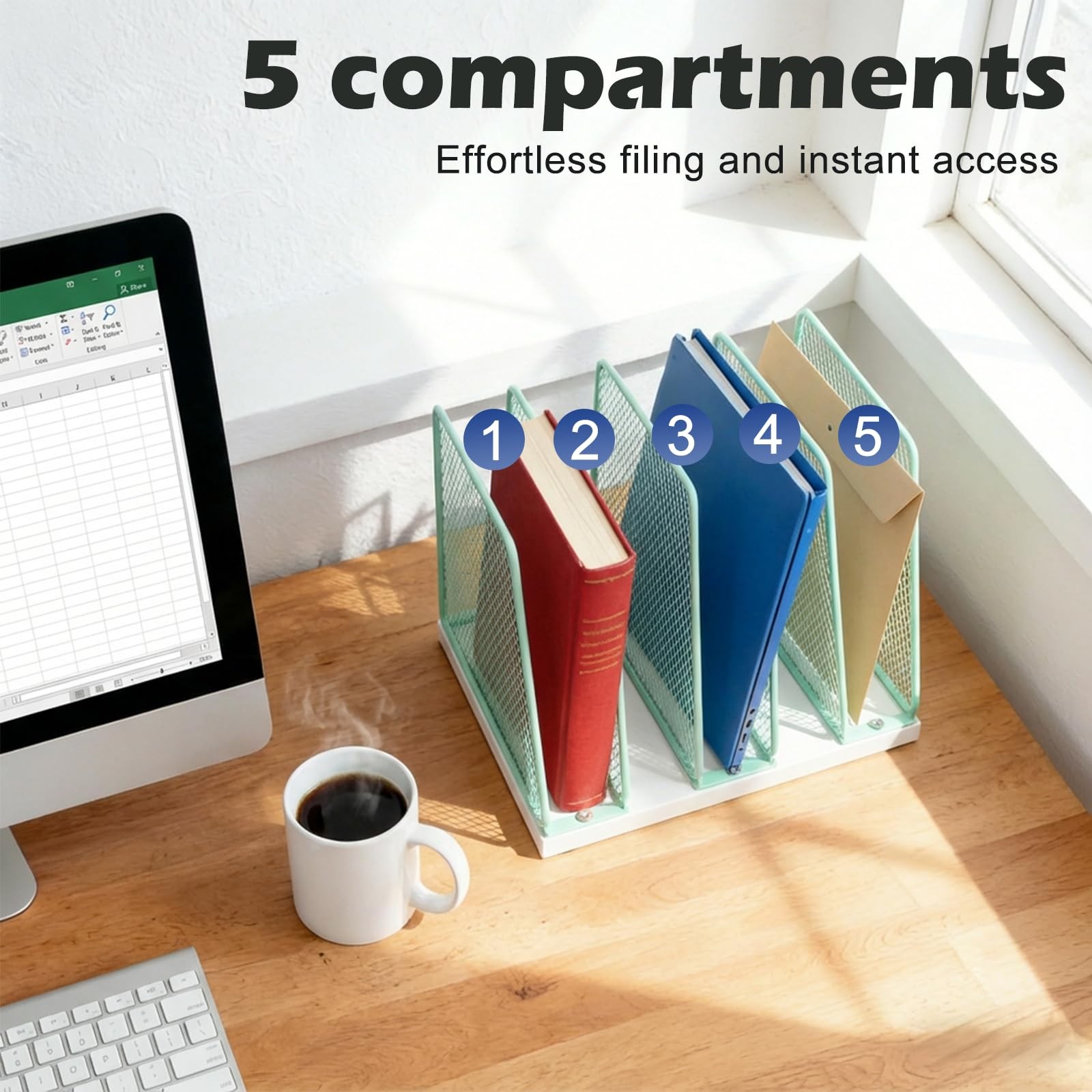 5-Section File Organizer for Desk, Wood Mesh Desktop File Organizer, File Sor…
