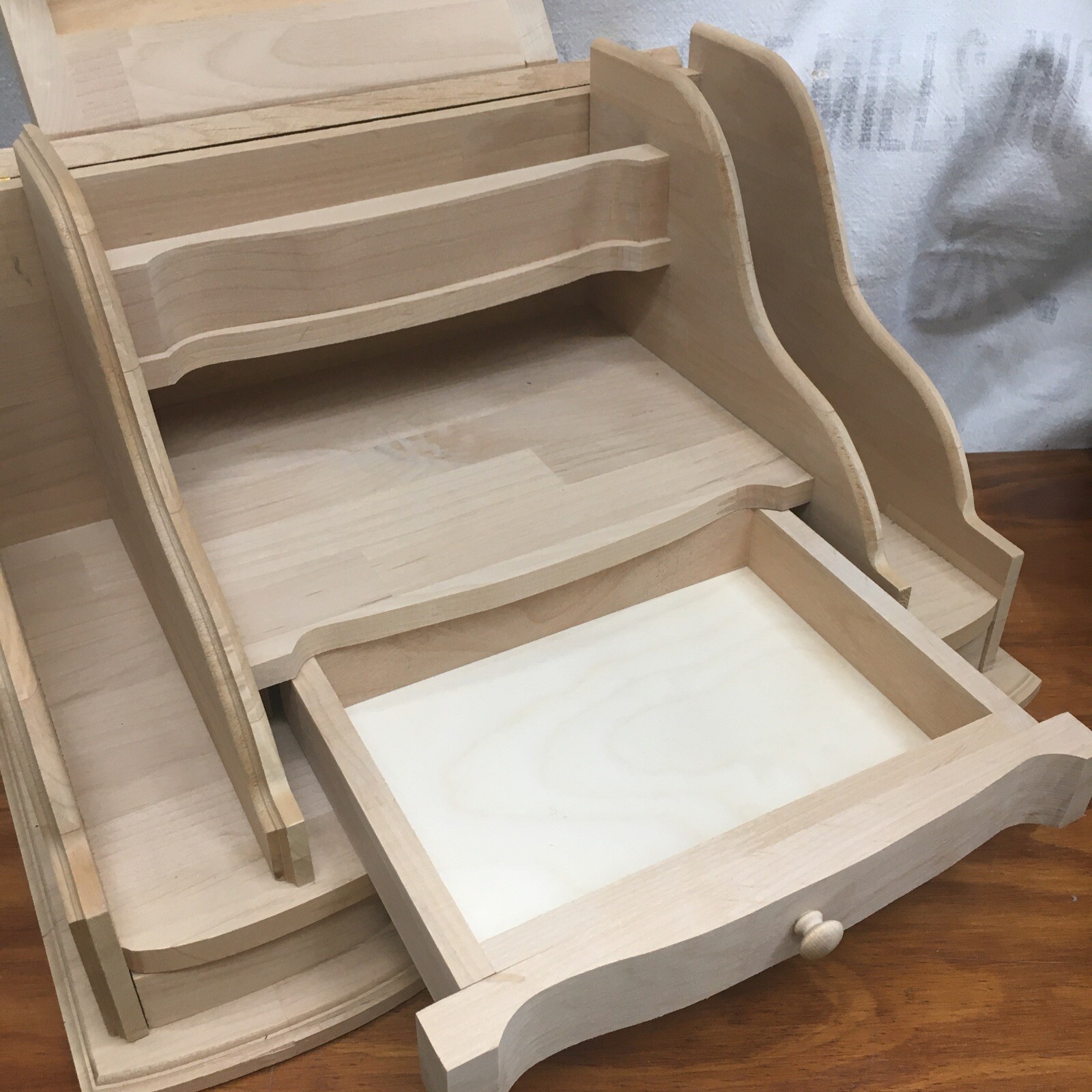 Large 4-Tier WOOD Desktop Organizer CABINET with 2 Drawers NOS Made In USA w3