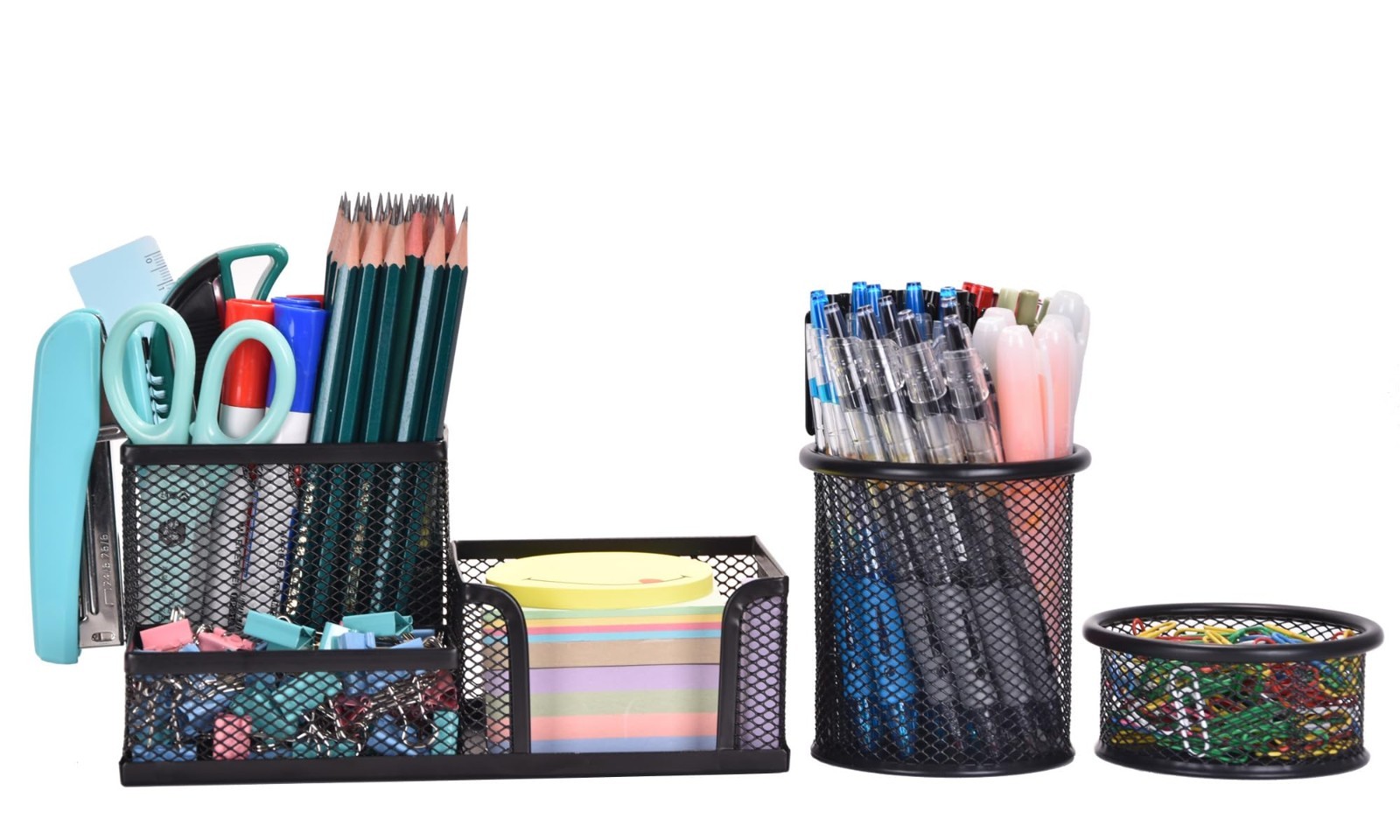 Mesh Desk Organizer Set of 3 – Pen Holder, Sticky Note Holder, Pencil Cup & Pape