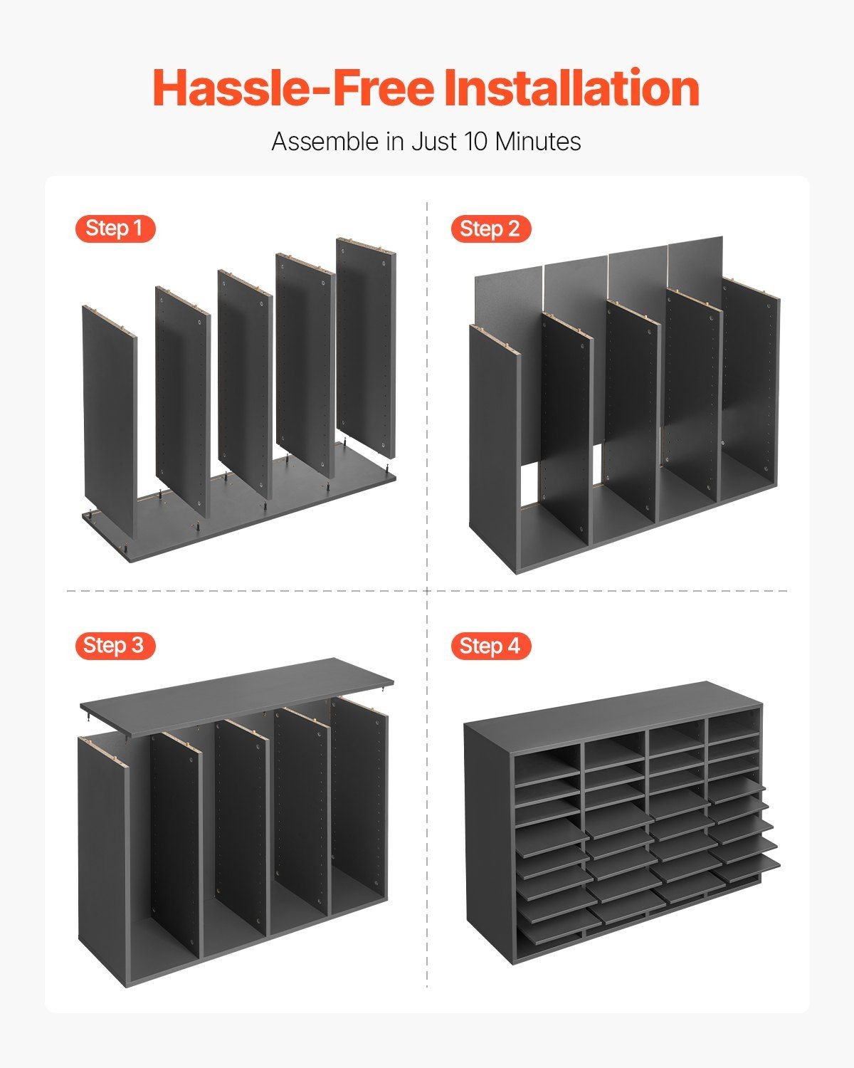 Grey 36-Slot File Organizer: Adjustable Shelves, MDF, 9.2×11.1in Compartments