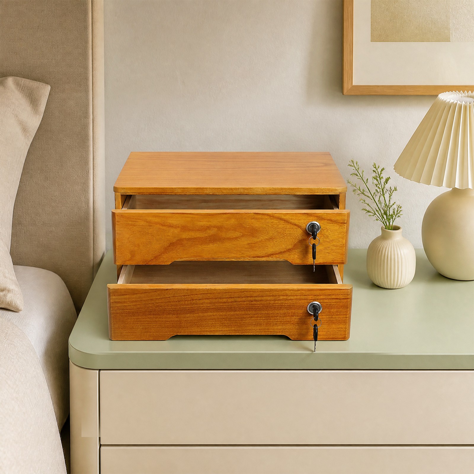 Retro Wooden Desktop Storage Box 2-Tier Desk Organizer w/ Lockable Drawers