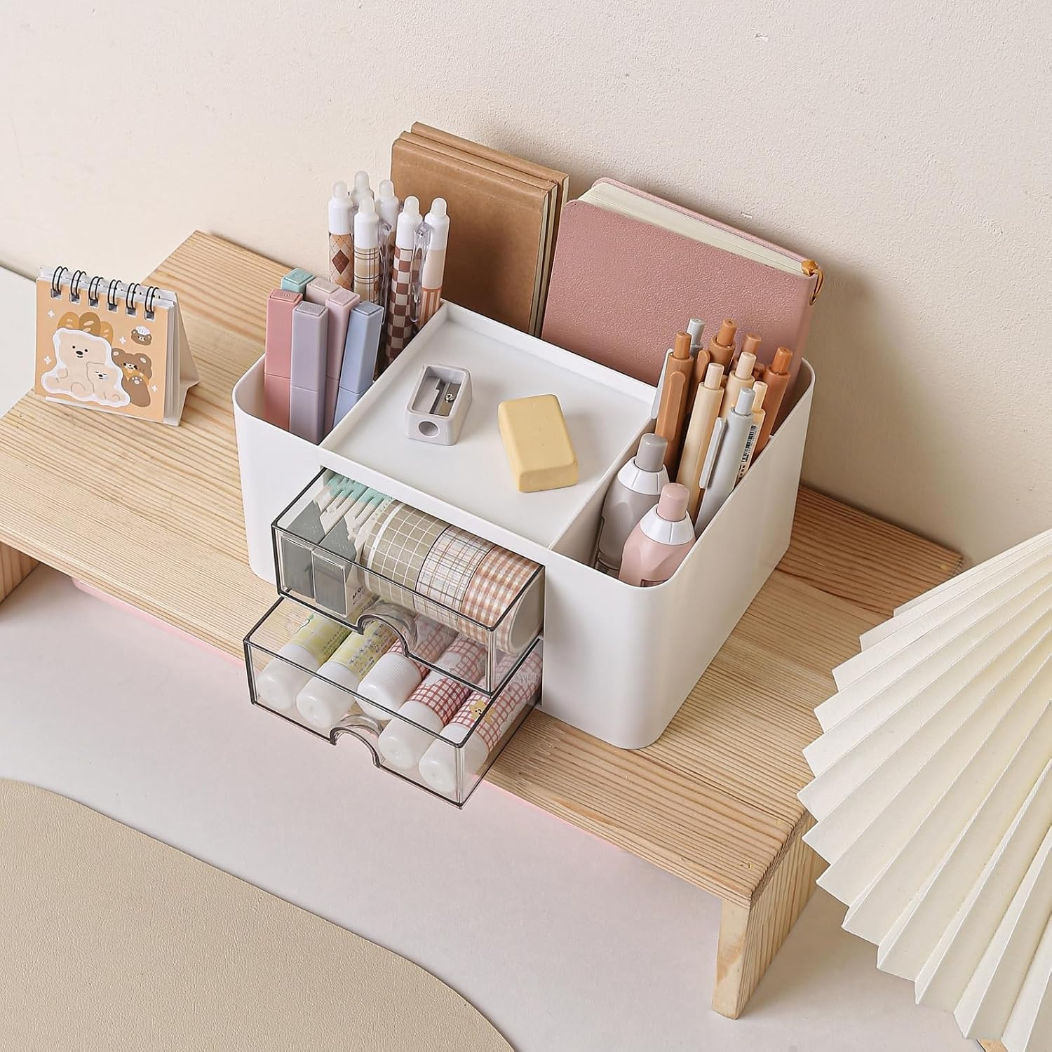 Desk Organizer with 2 Drawer, Plastic Desktop Pen Pencil Card Holder Storage Box
